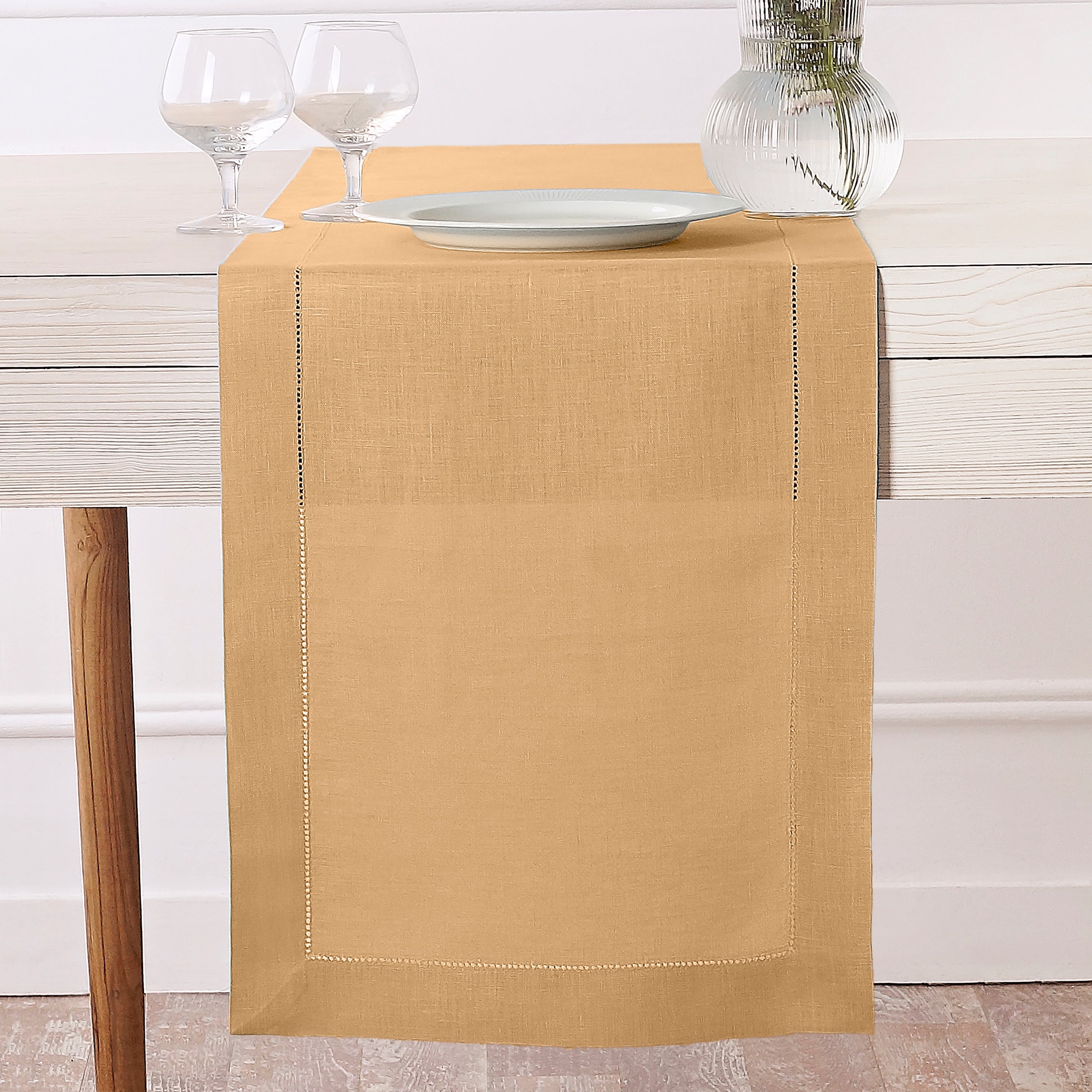 Beige Pure Linen Table Runner - Hemstitch