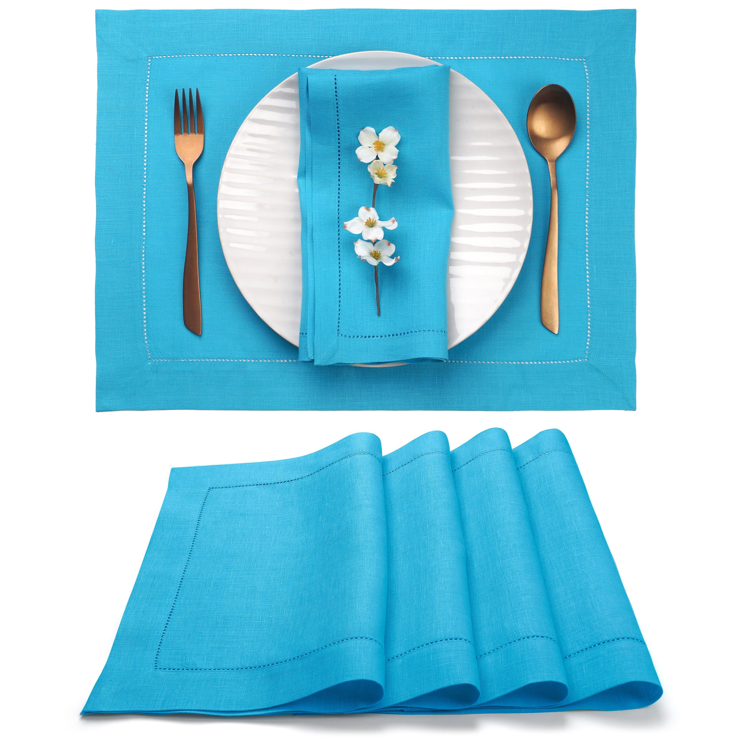 Cyan Blue Linen Placemats, Hemstitch, 14 x 19 inch, 4 pcs