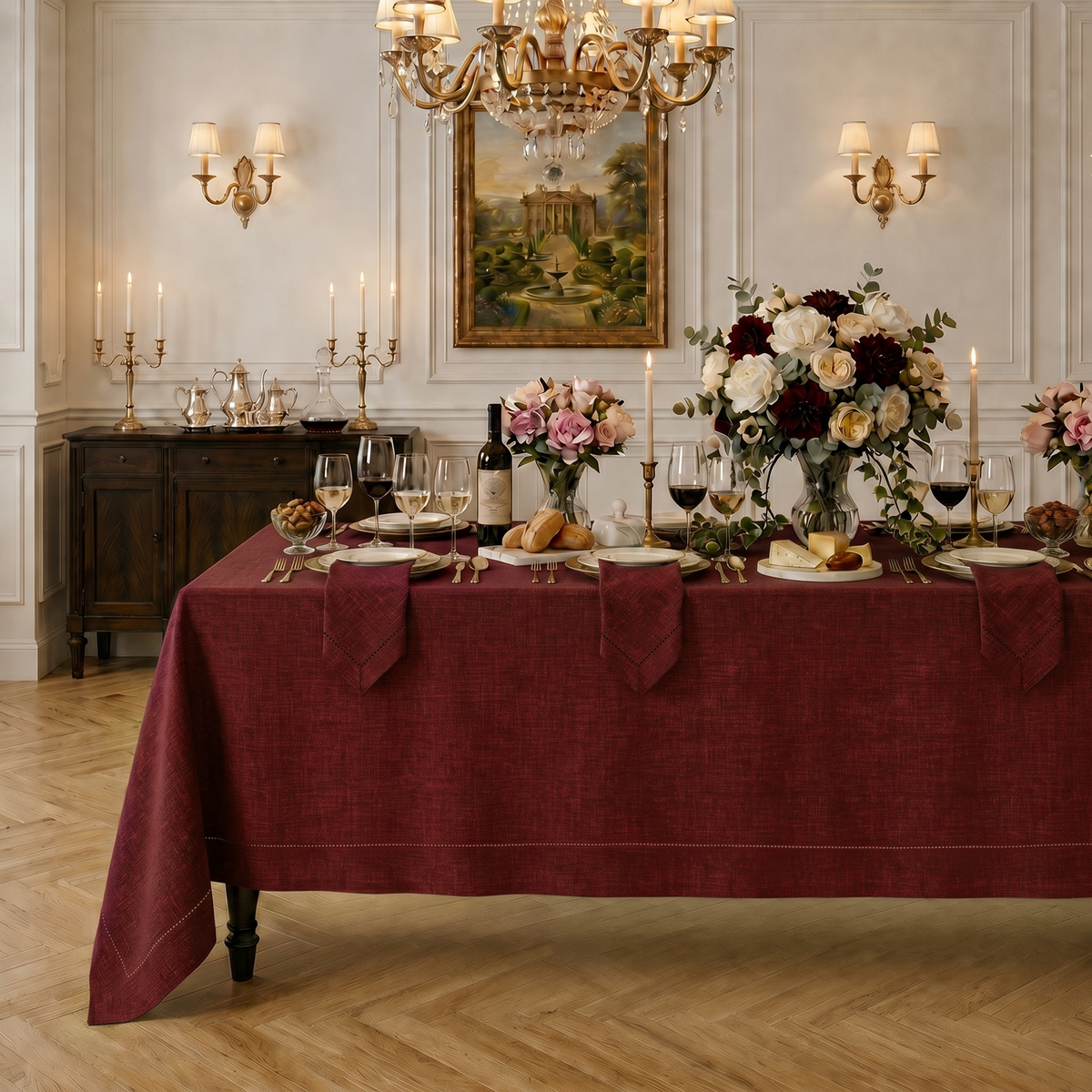 Signature Linen™ Red Garnet Chambray Tablecloth - Hemstitch