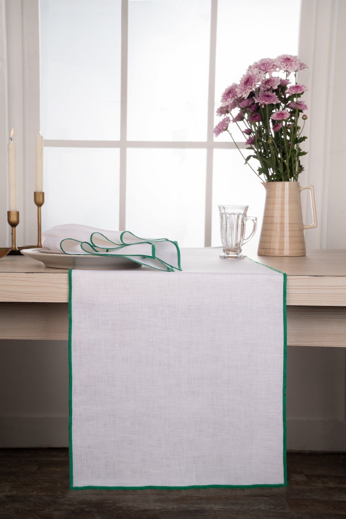 White & Green Linen Table Runner- Marrow Edge