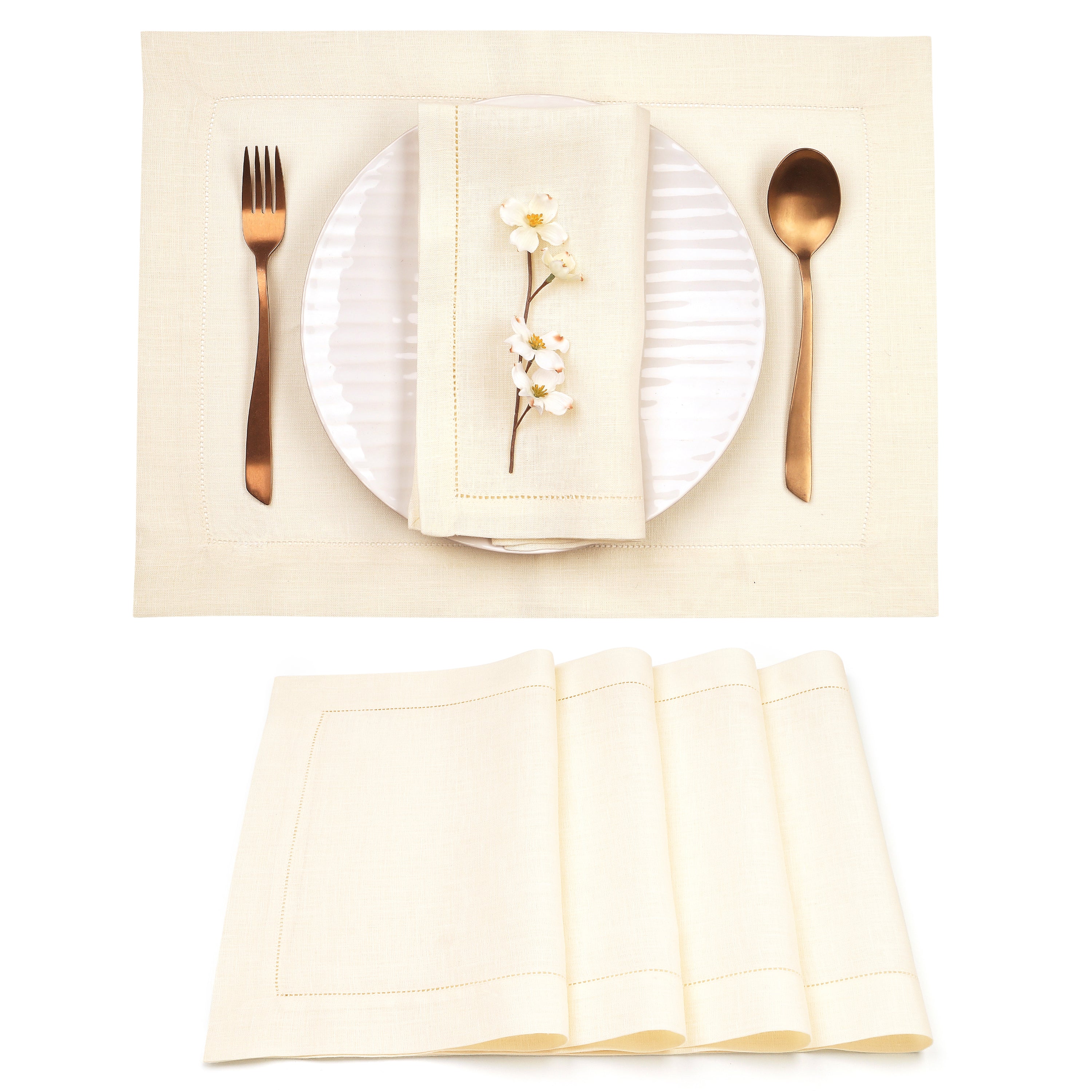 Vanilla Cream Linen Placemats, Hemstitch, 14 x 19 inch, 4 pcs