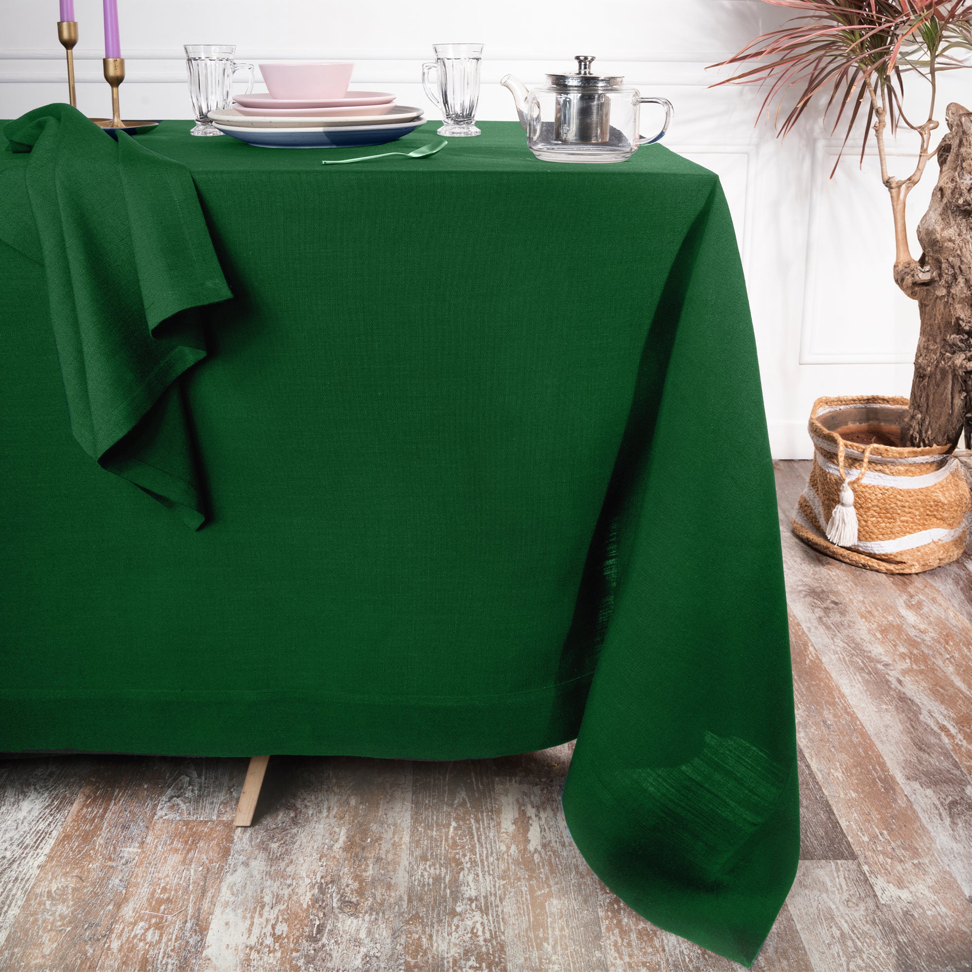 Eden Green Tablecloth, Faux Linen, Mitered Corner