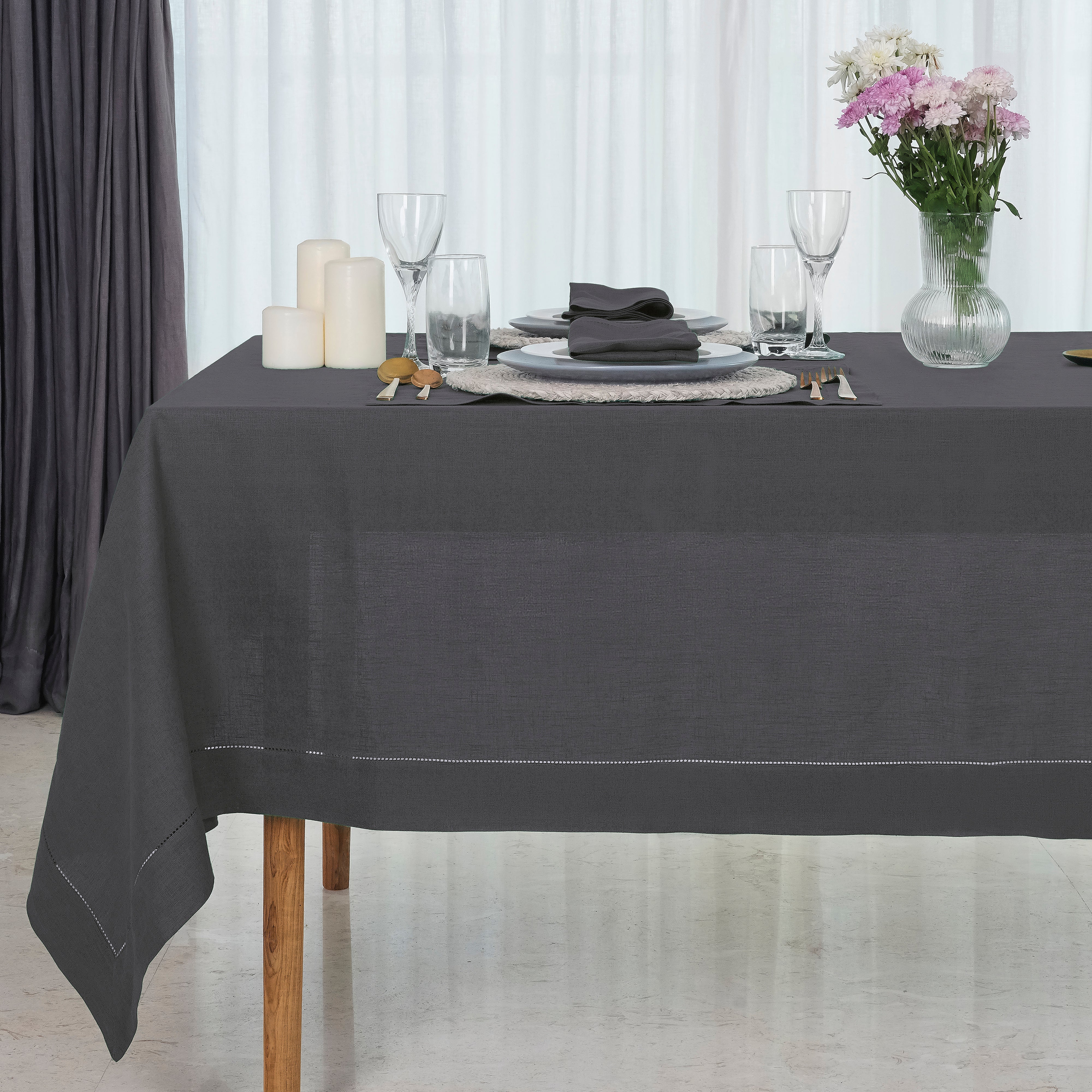 Charcoal Grey Pure Linen Tablecloth, Hemstitch