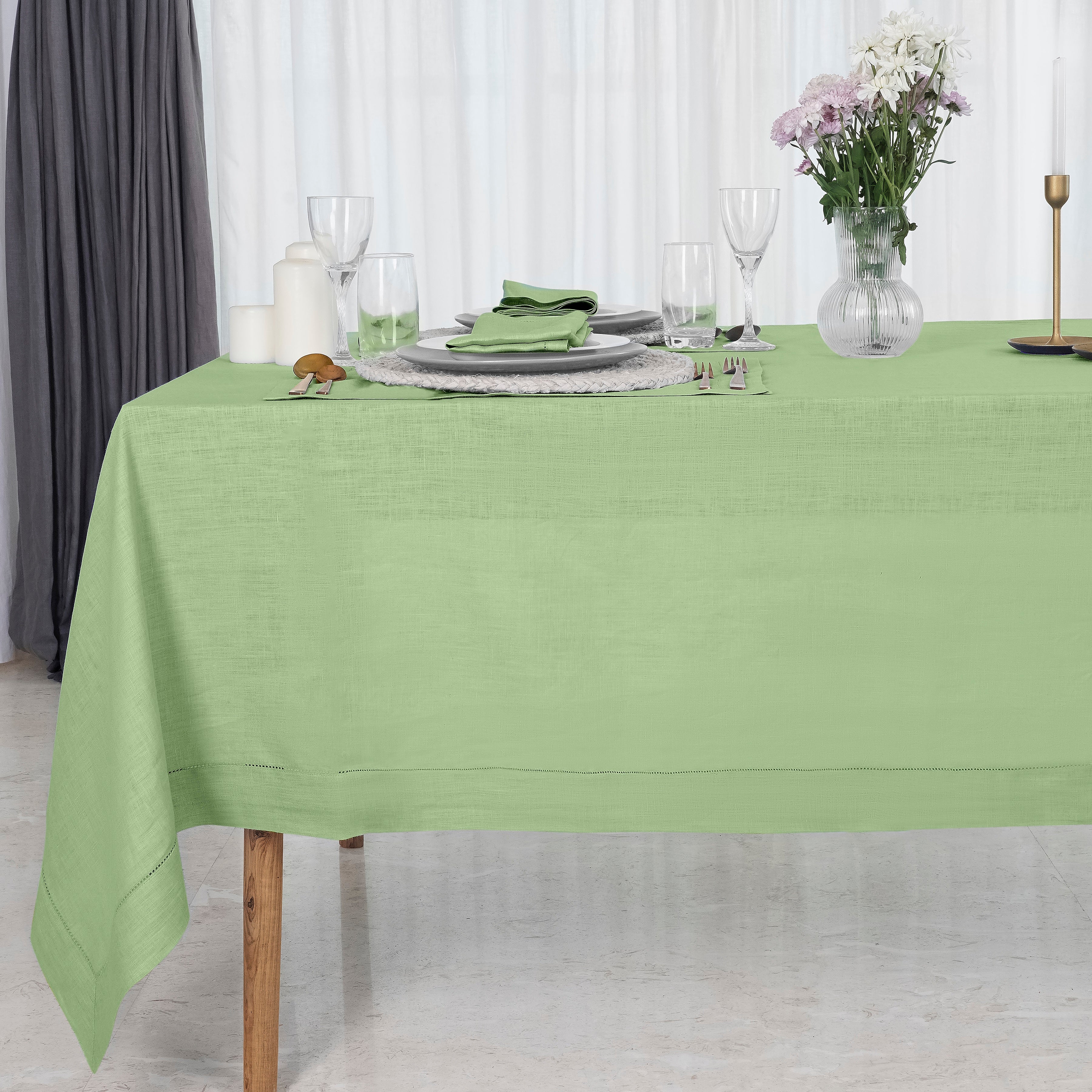 Sage Green Linen Tablecloth, Hemstitch