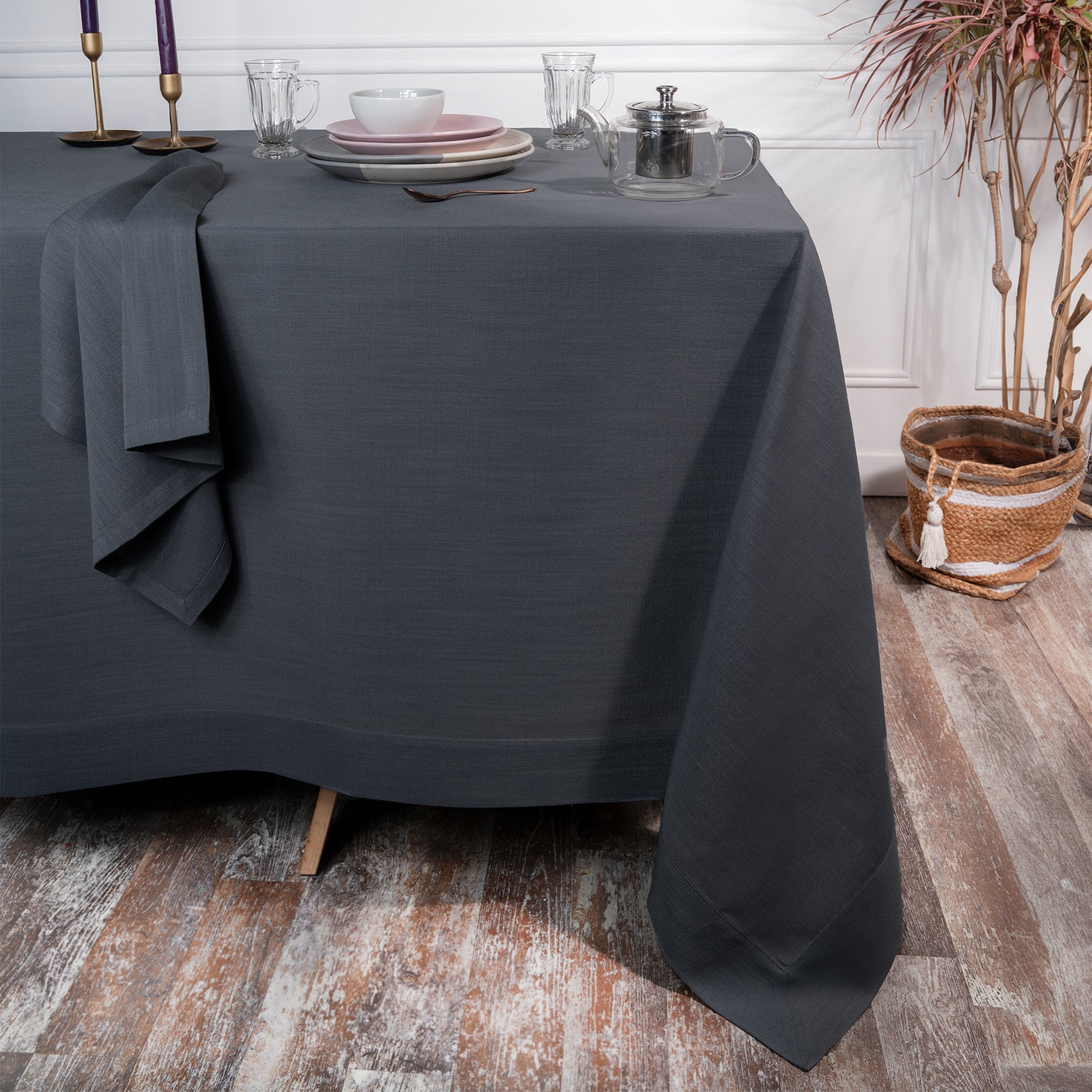 Charcoal Grey Tablecloth, Faux Linen, Mitered Corner