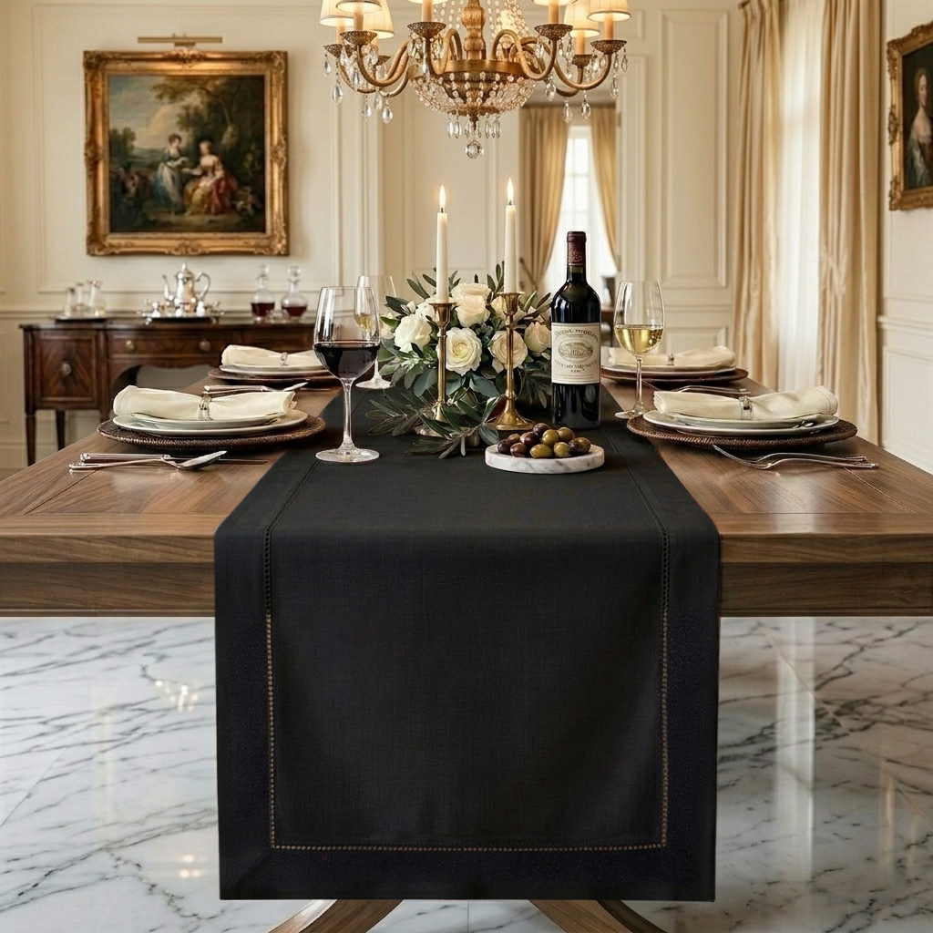 Signature Linen™ Black Table Runner - Hemstitch