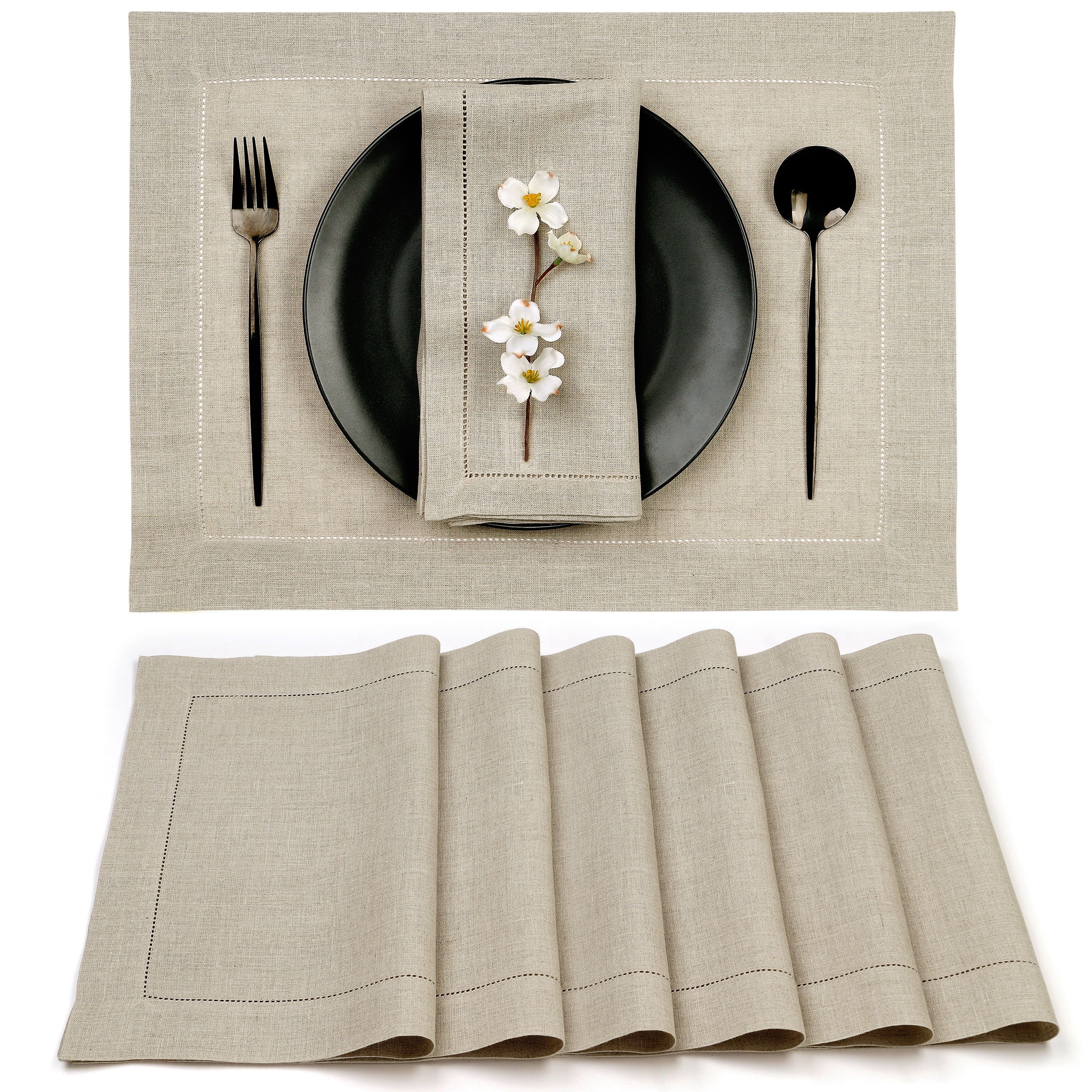 Natural Linen Placemats, Hemstitch, 14 x 19 inch, 6 pcs