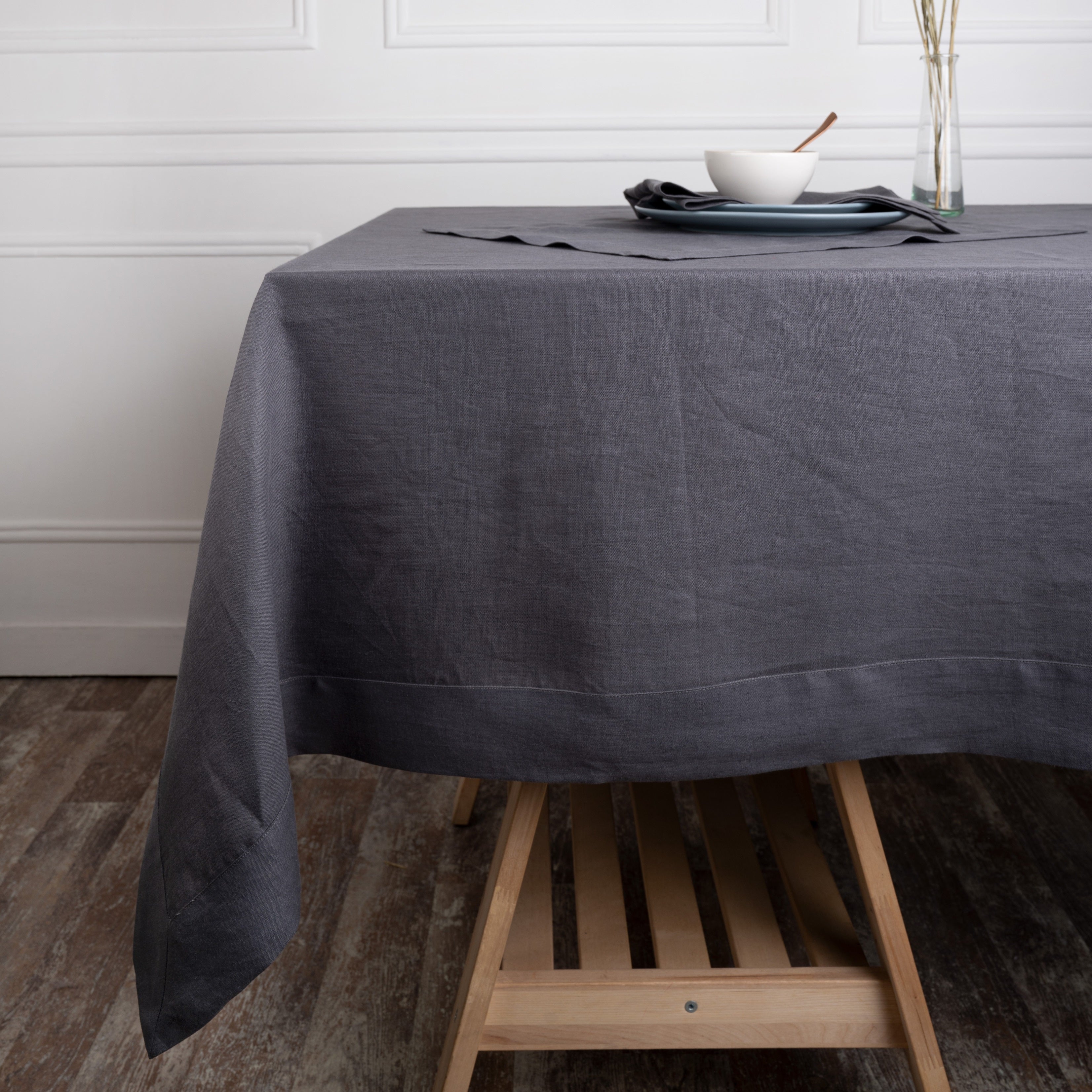 Charcoal  Grey Linen Tablecloth, Hemmed