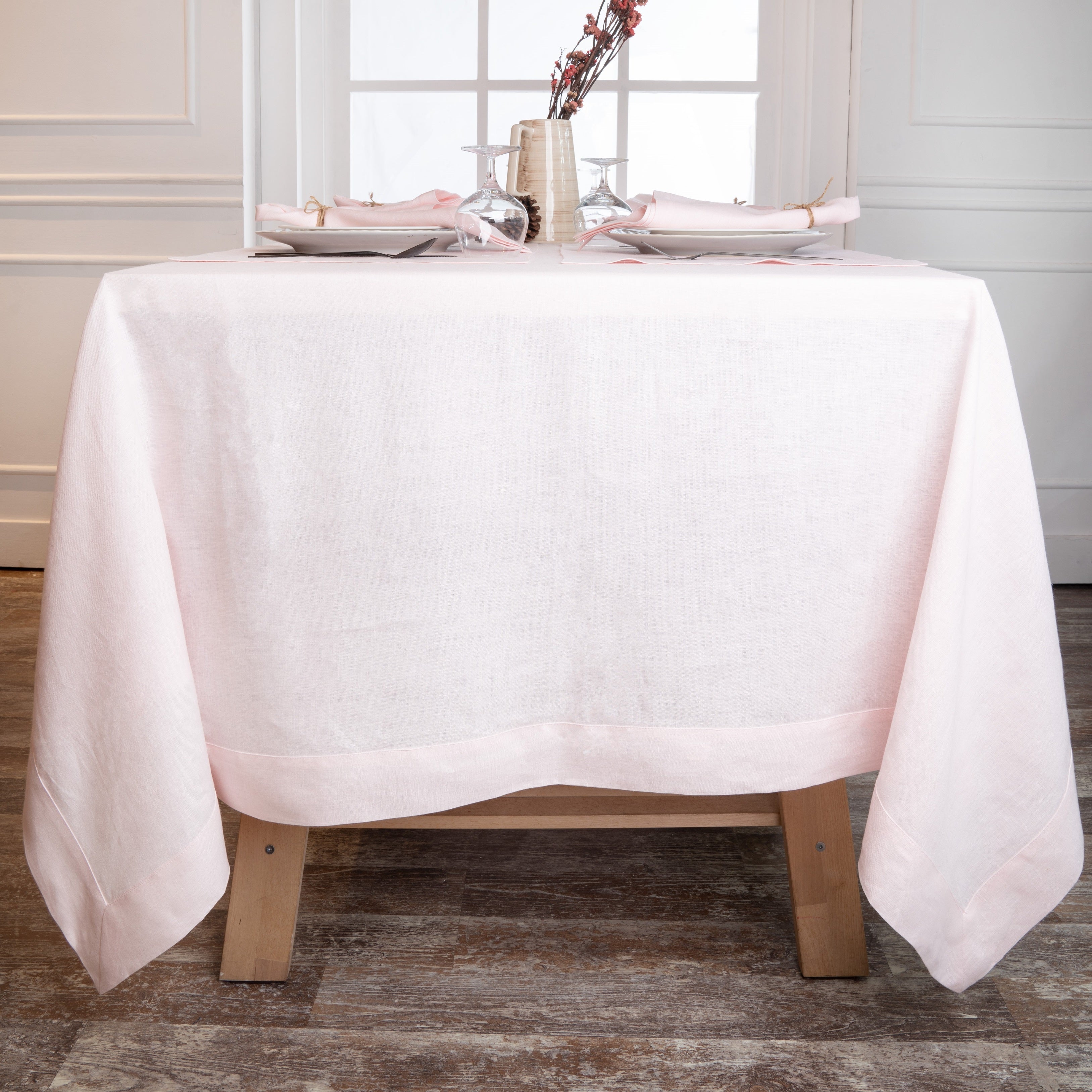 Pastel Pink Linen Tablecloth, Hemmed