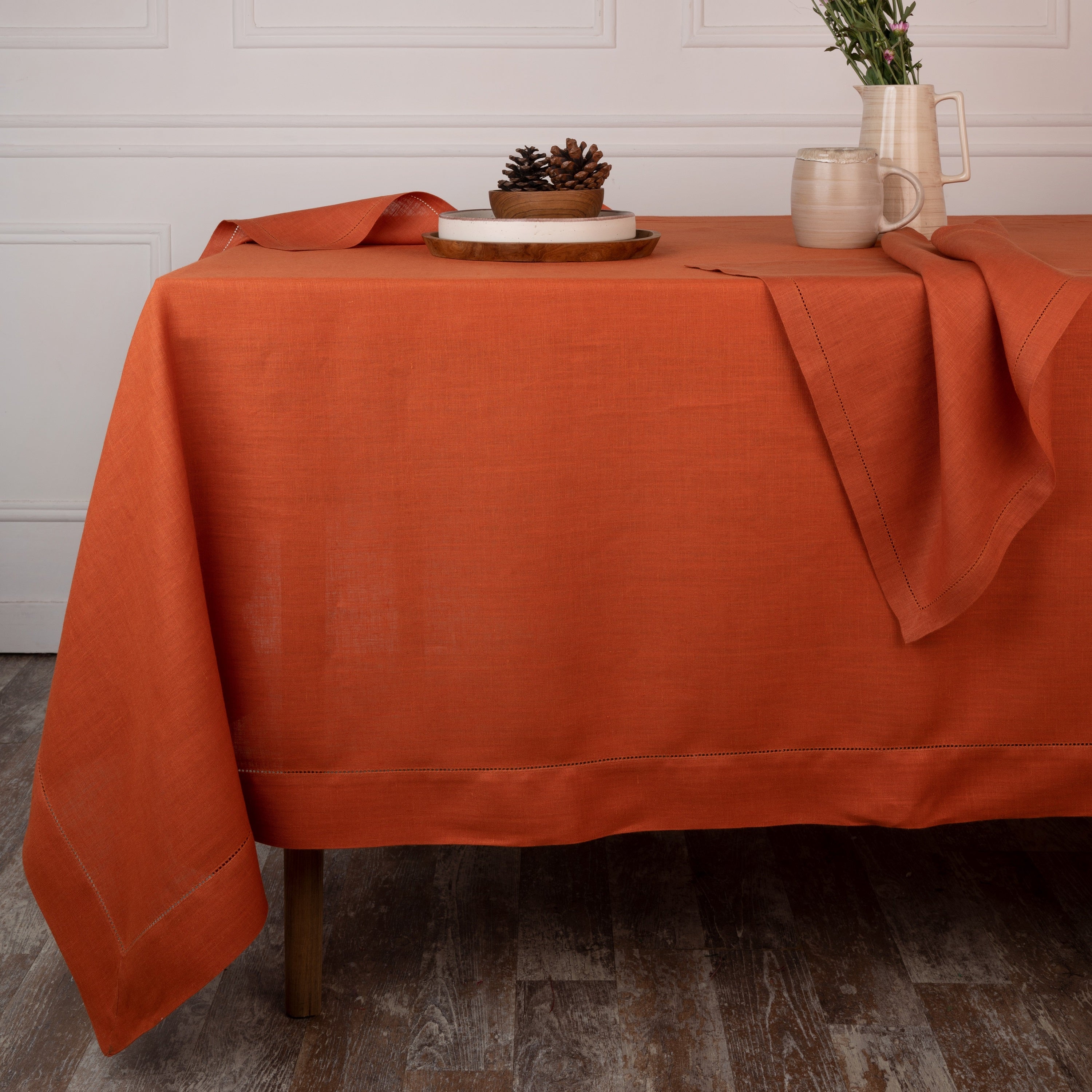 Rust Linen Tablecloth, Hemstitch