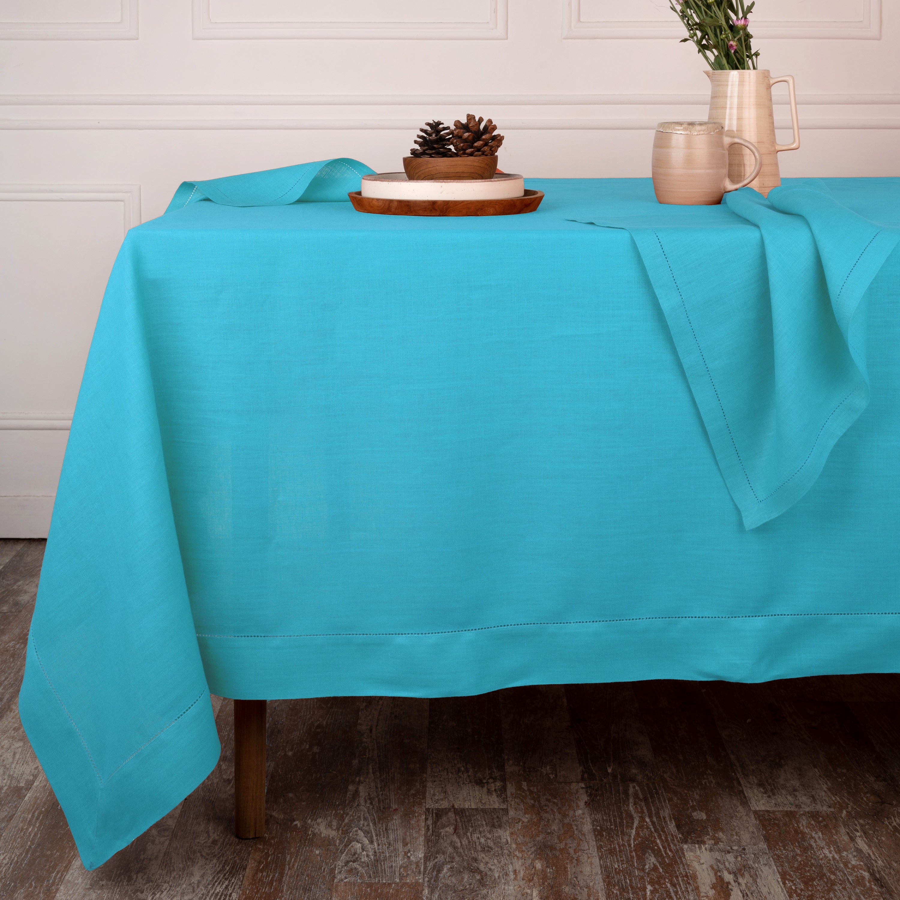 Cyan Blue Linen Tablecloth, Hemstitch