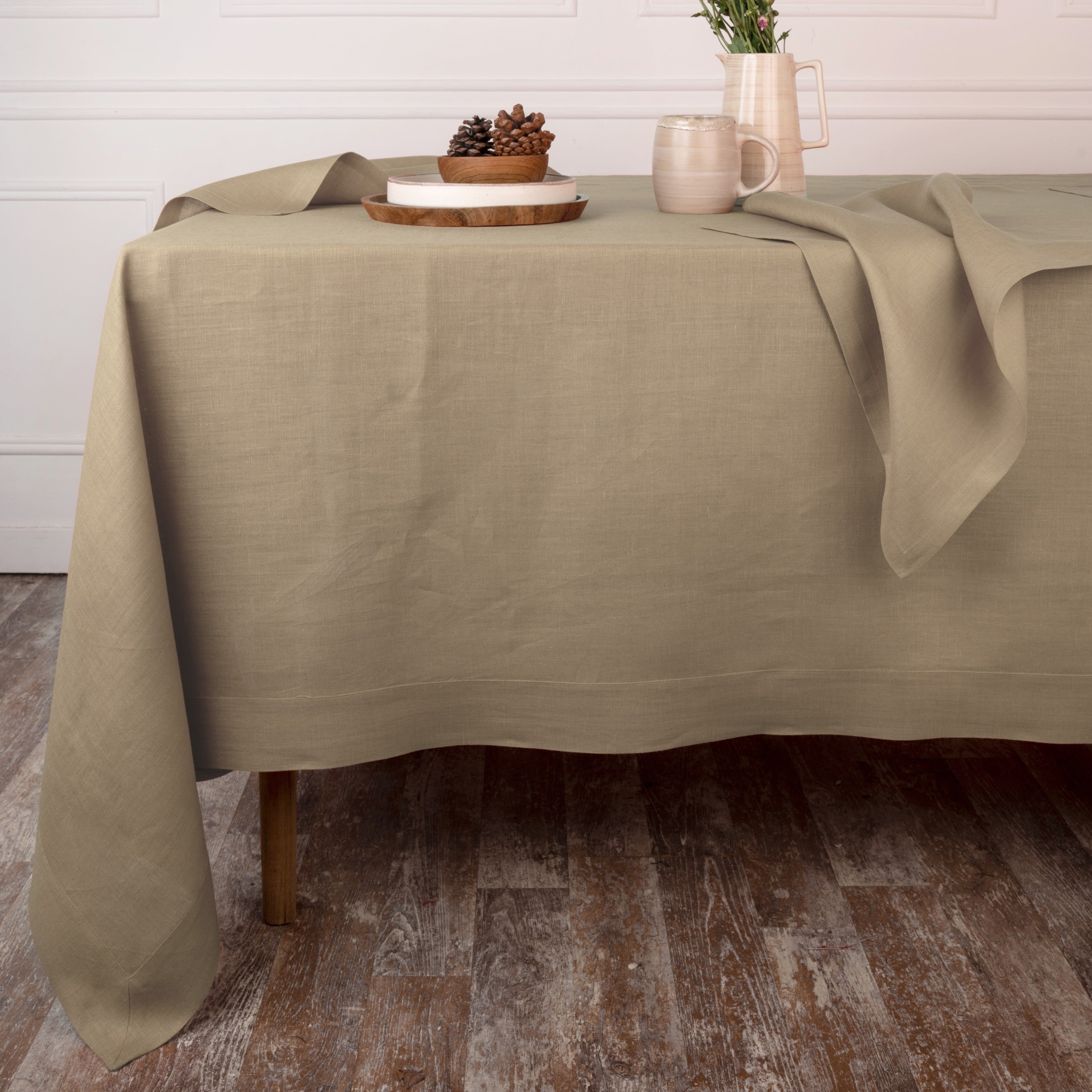 Champagne Beige Linen Tablecloth, Hemmed