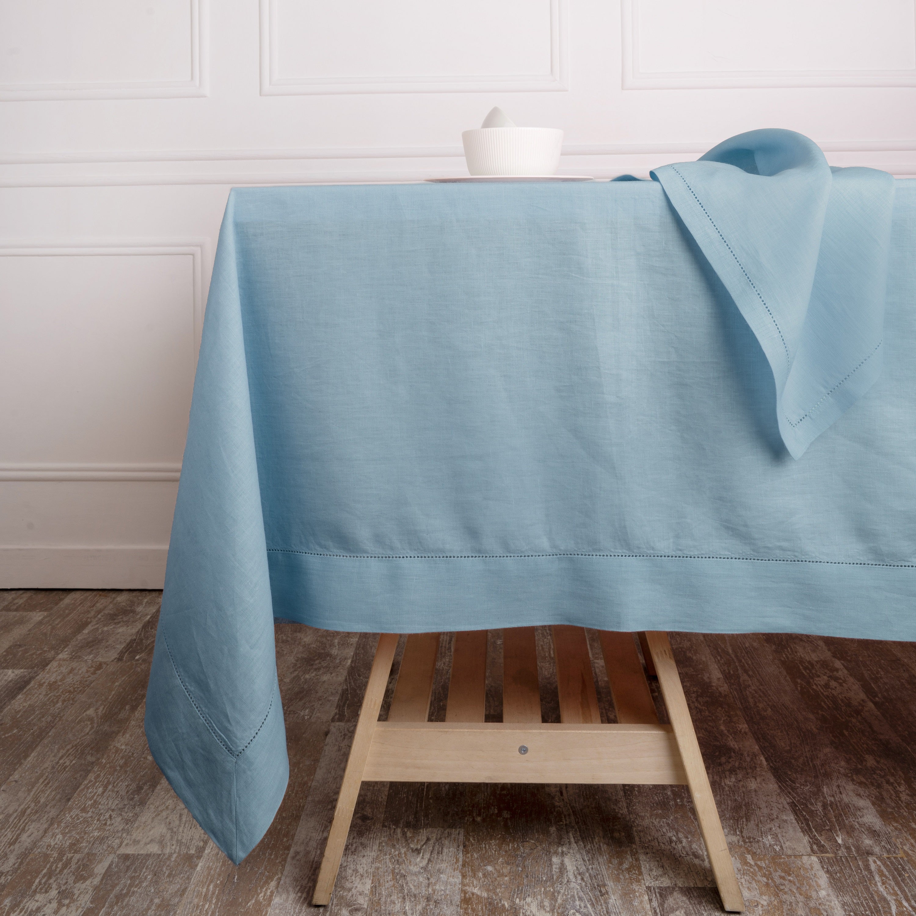 Powder Blue Linen Tablecloth, Hemstitch