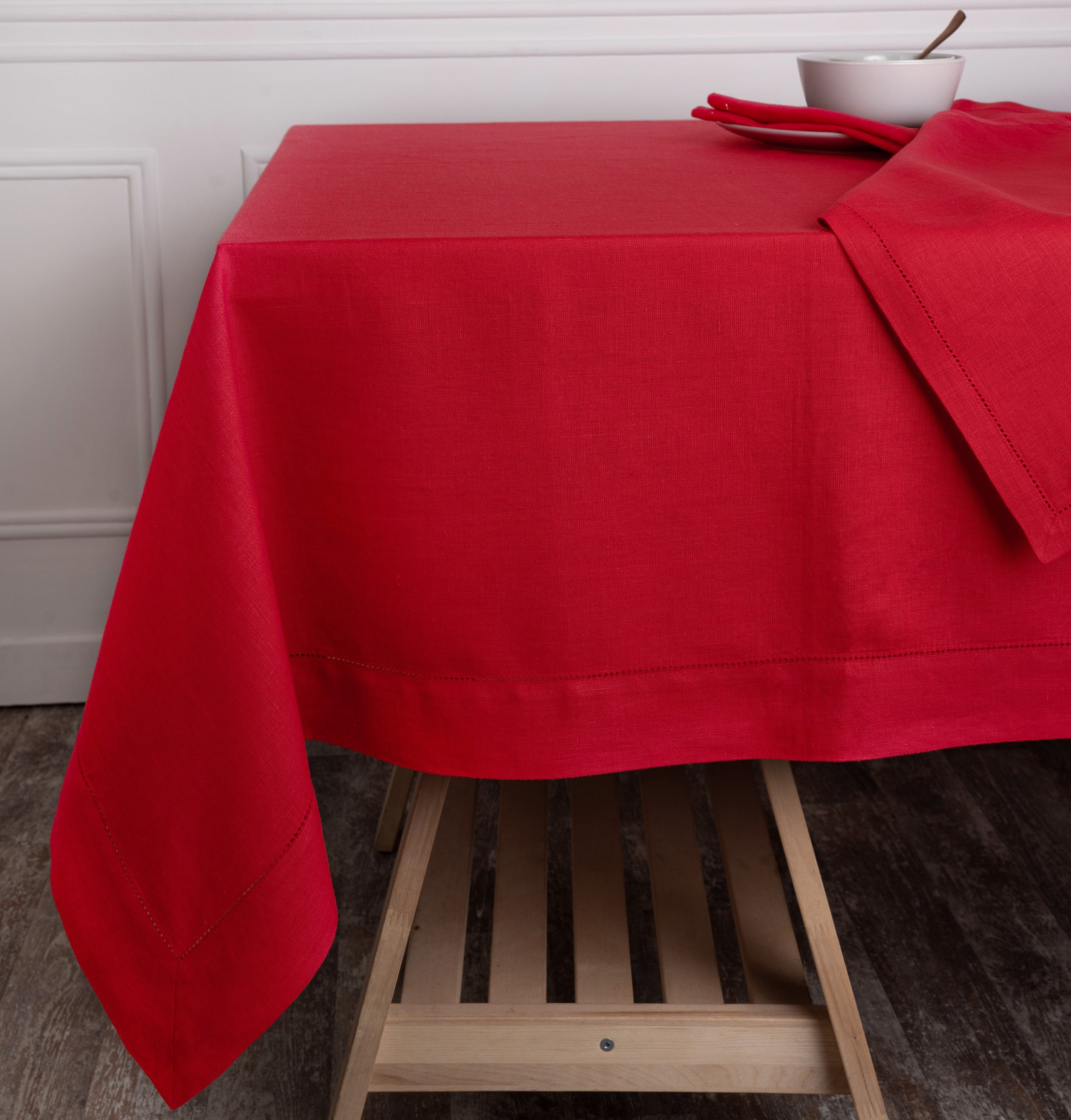 Bright Red Linen Tablecloth, Hemstitch