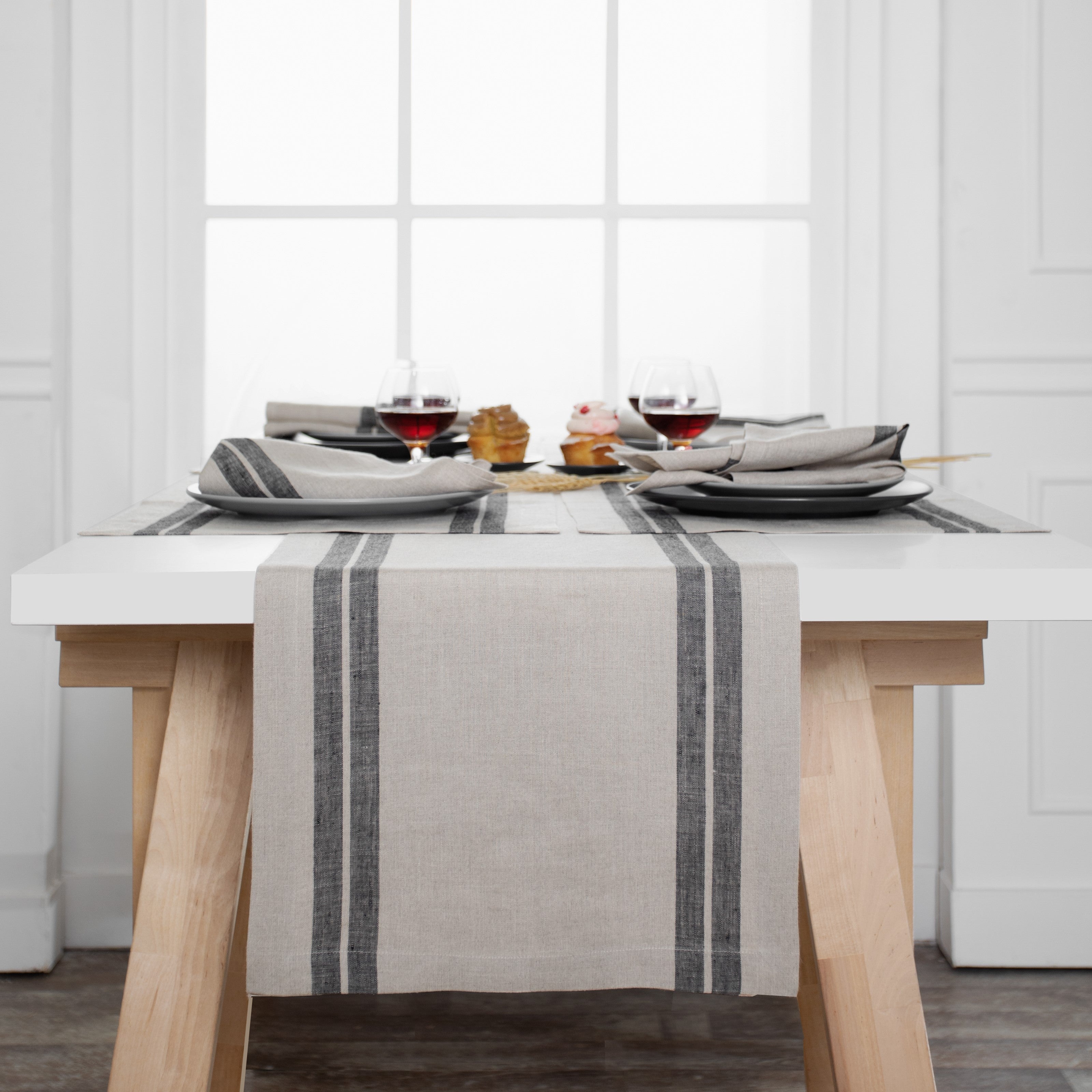 Natural and Black Linen Table Runner, French Stripe