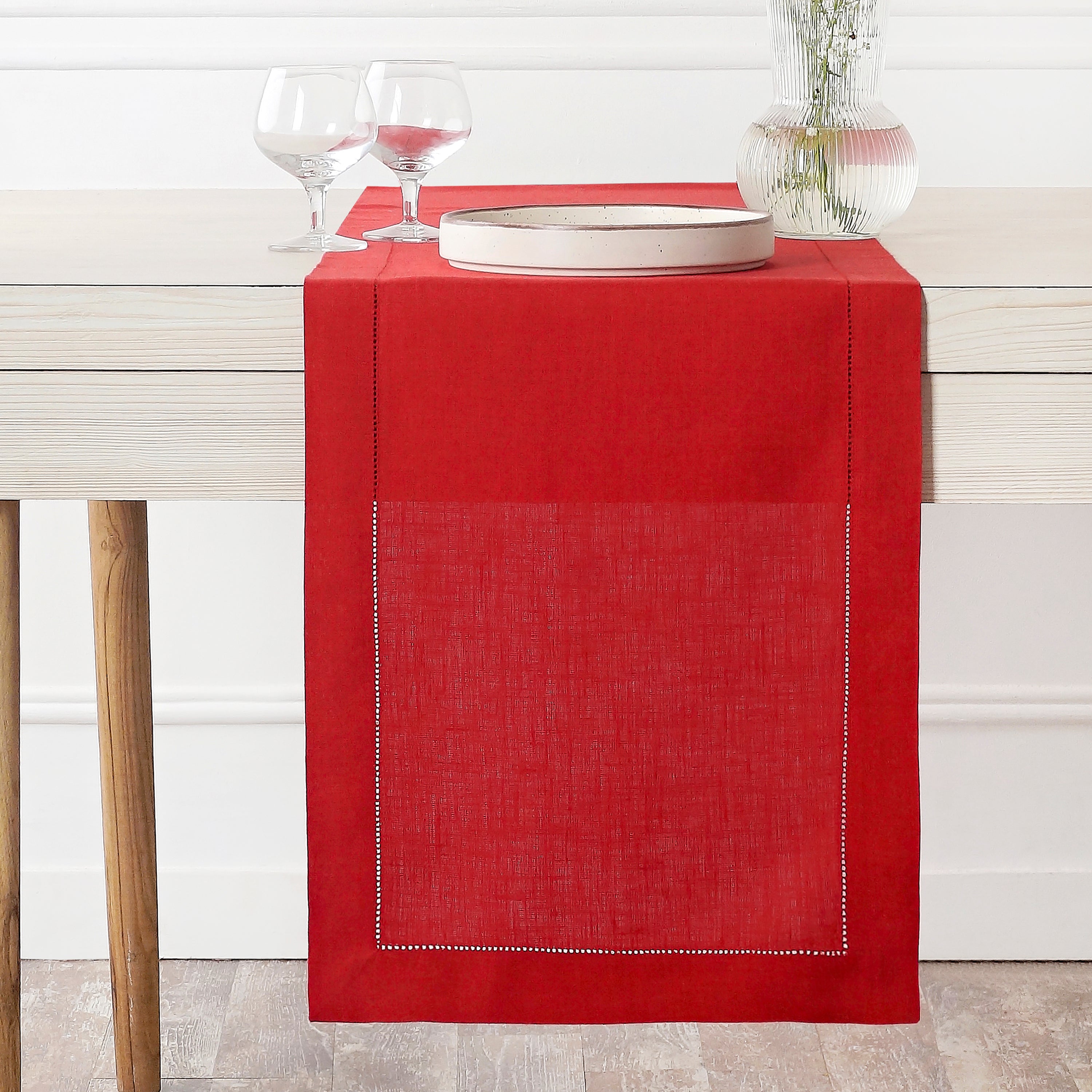 Bright Red Linen Table Runner, Hemstitch