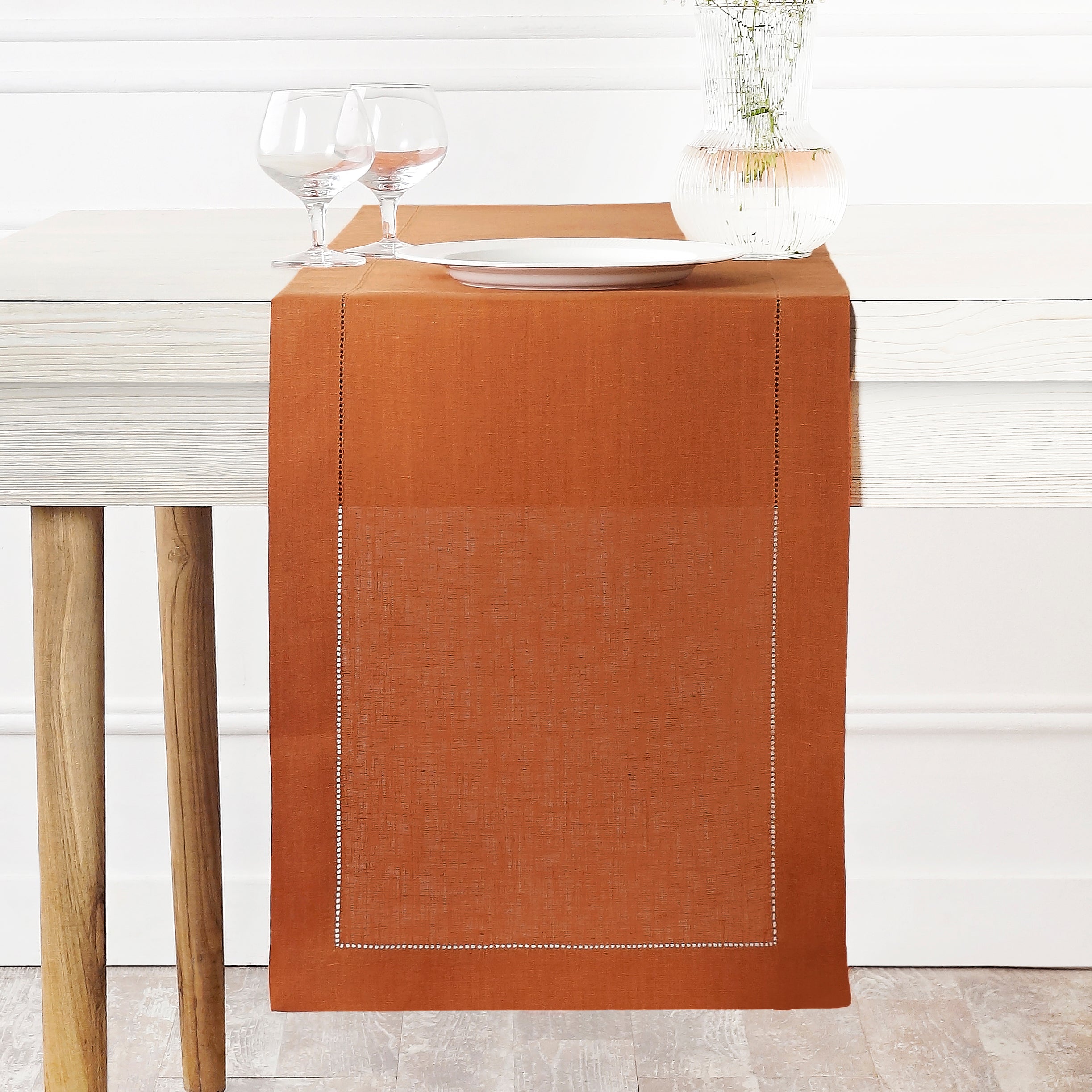 Rust Linen Table Runner, Hemstitch