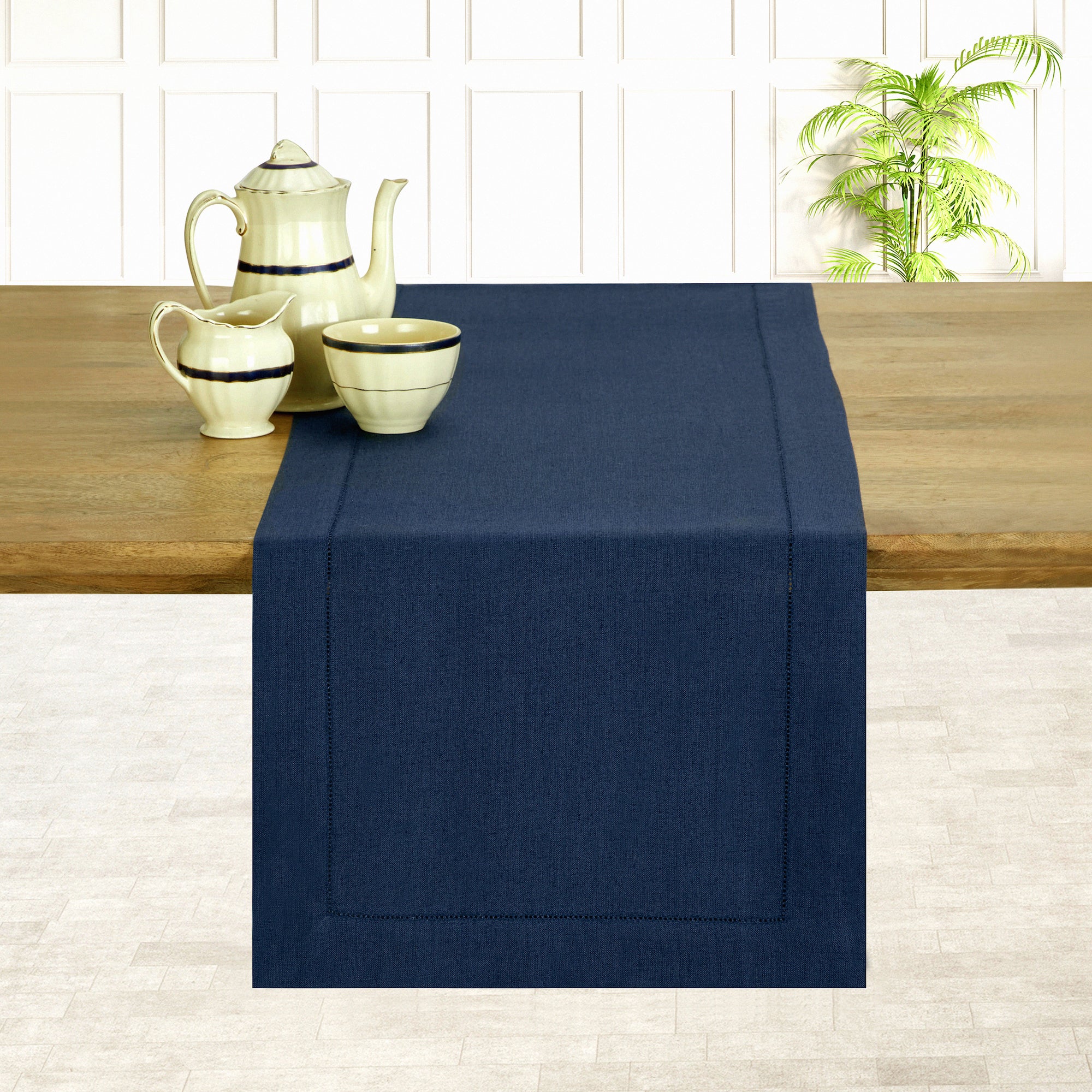 Navy Blue Linen Table Runner, Hemstitch