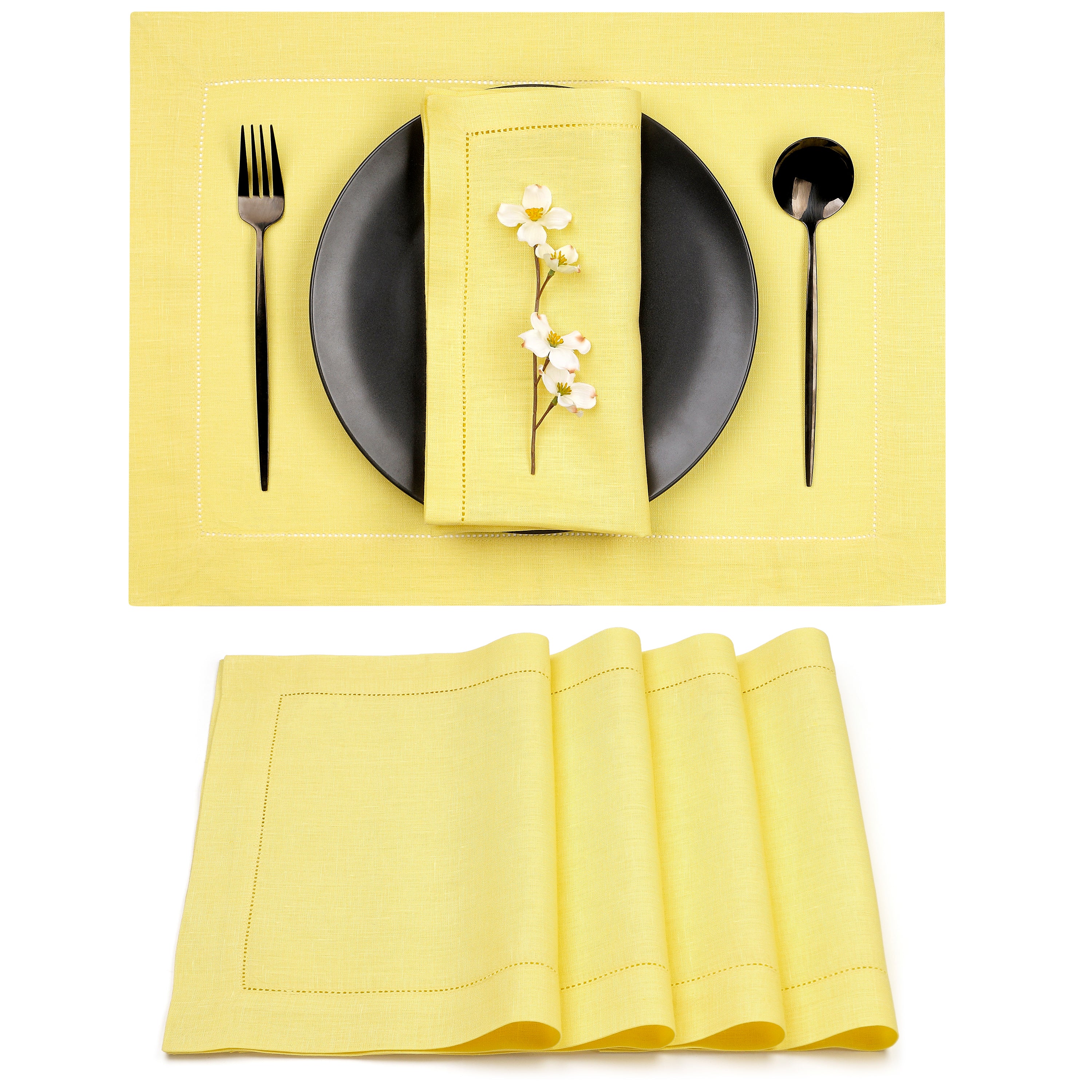 Lemon Yellow Linen Placemats, Hemstitch, 14 x 19 inch, 4 pcs