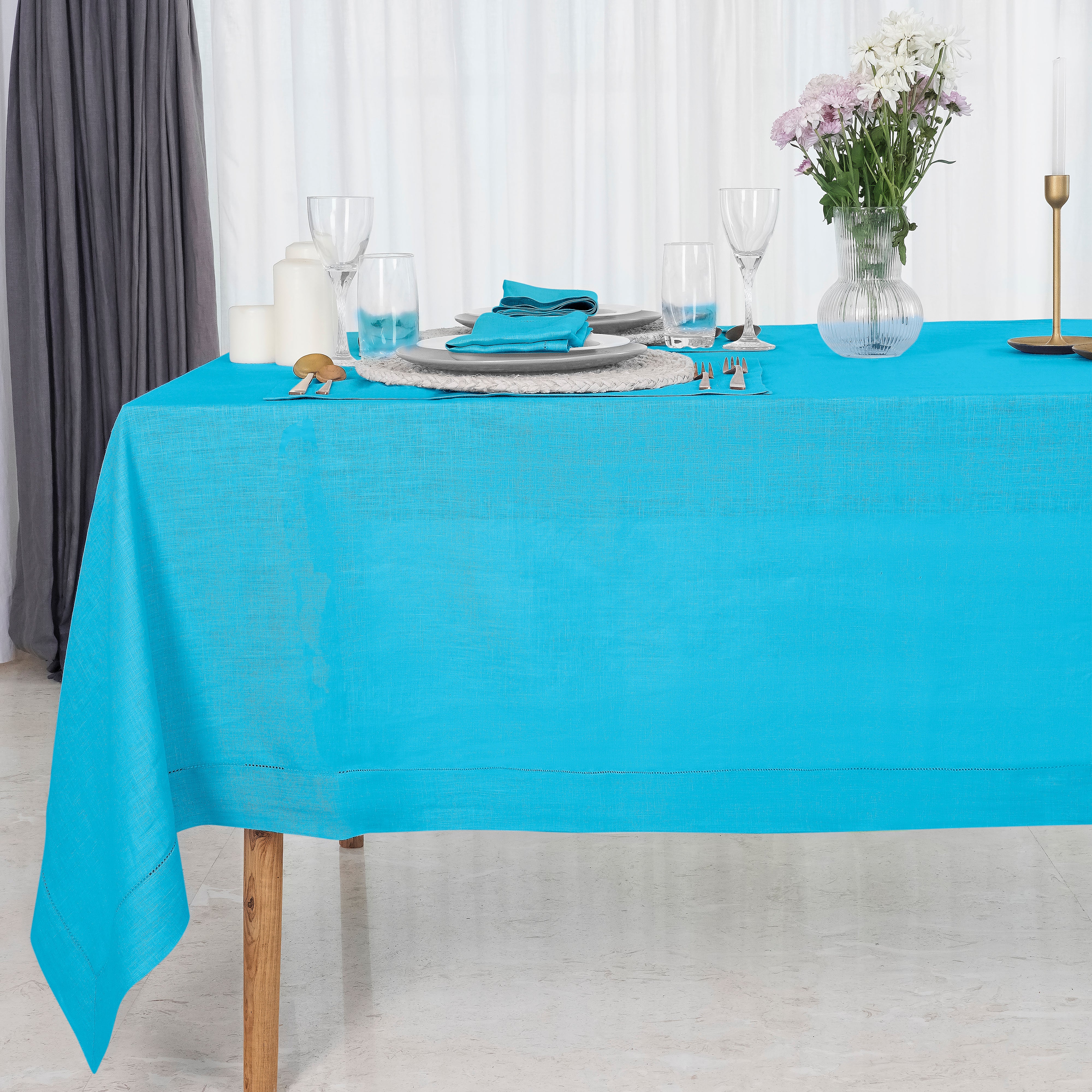 Cyan Blue Linen Tablecloth, Hemstitch