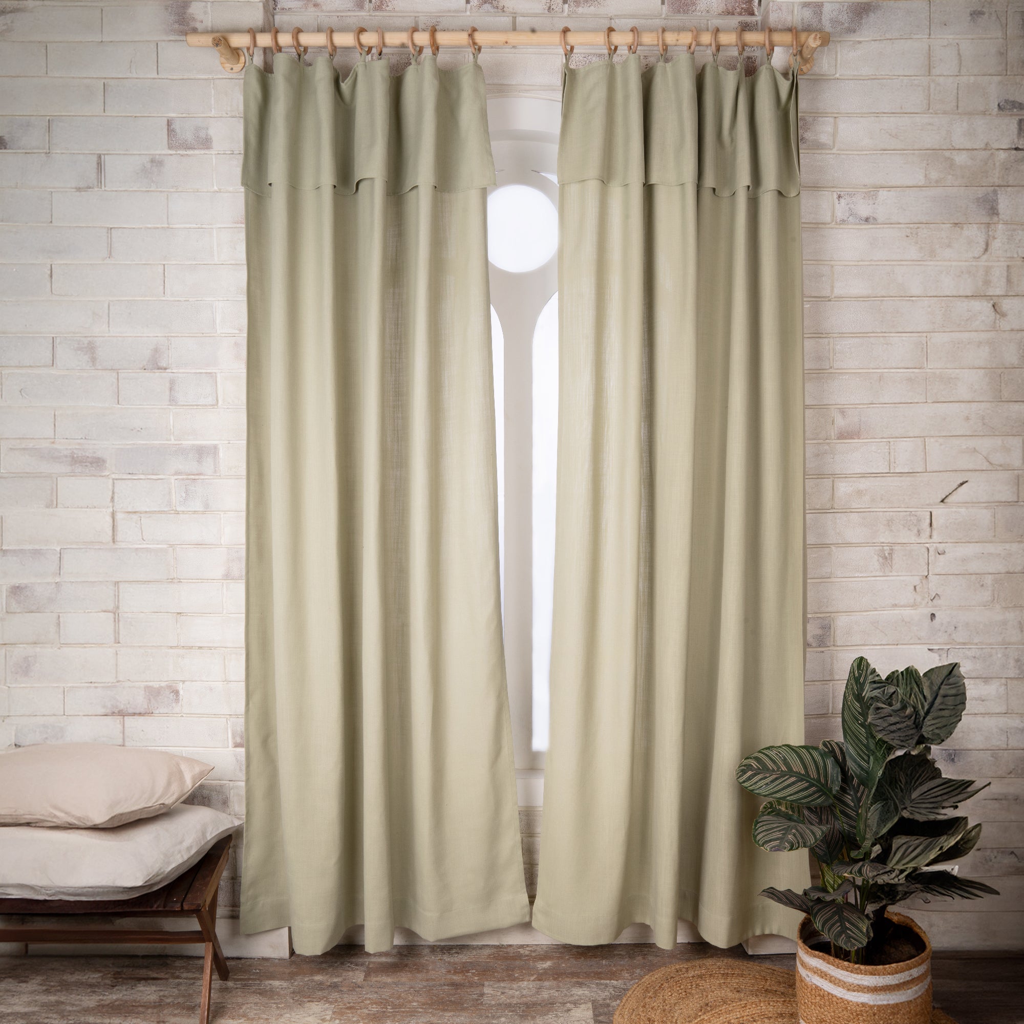 Sage Green Faux Linen Frill Curtain