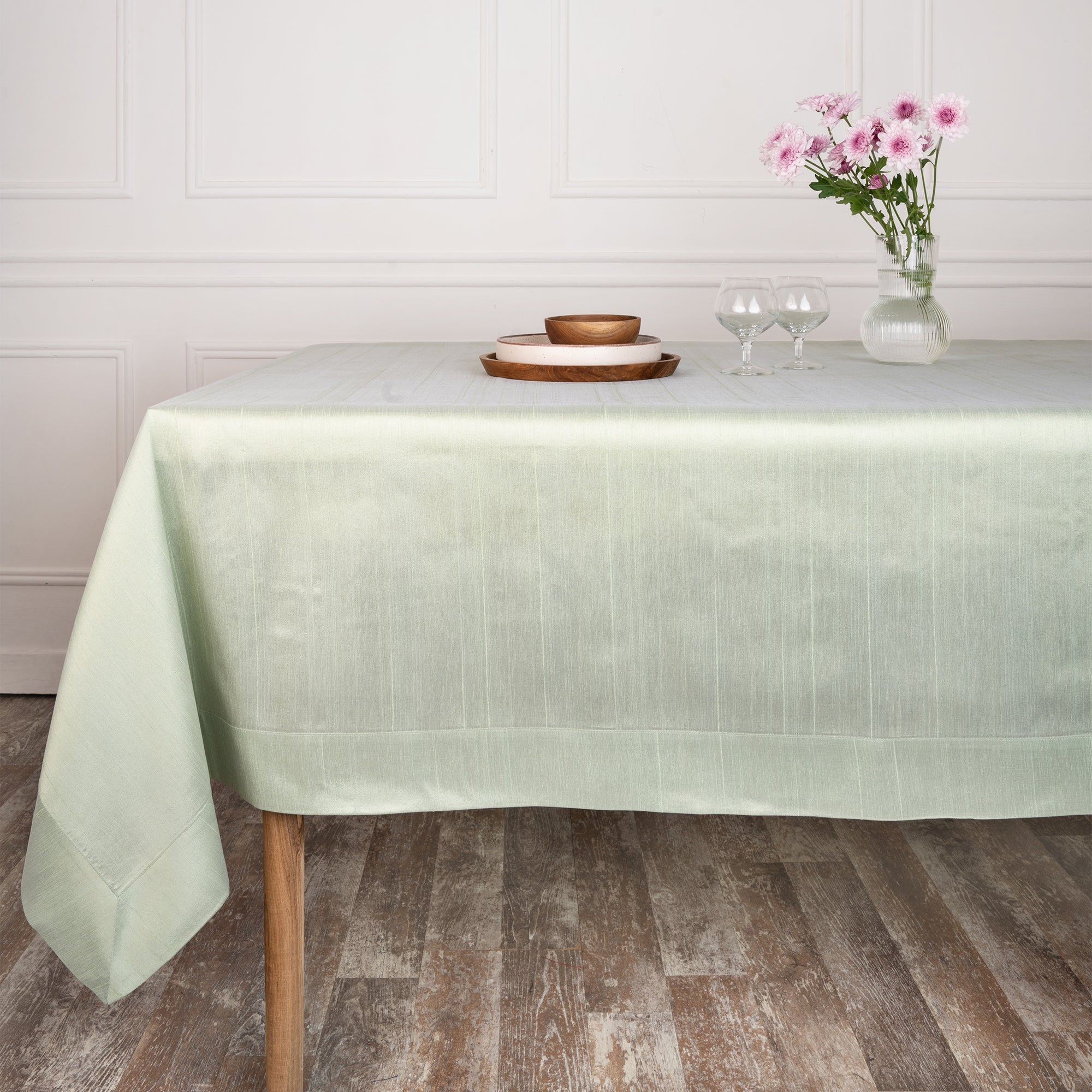 Sage Green Vegan Silk Tablecloth, Mitered Corner