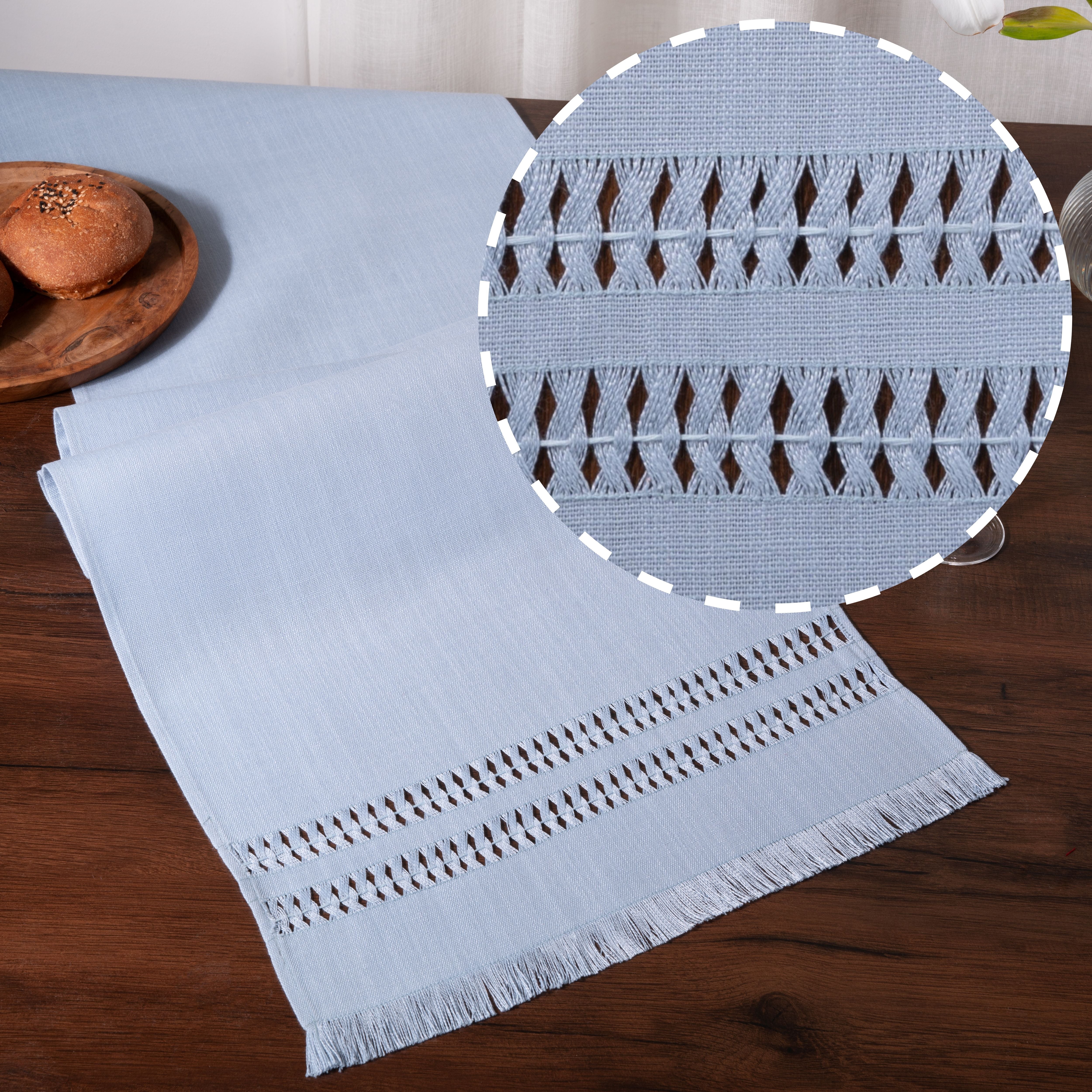 Light Blue Table Runner, Faux Linen, Hand Hemstitch