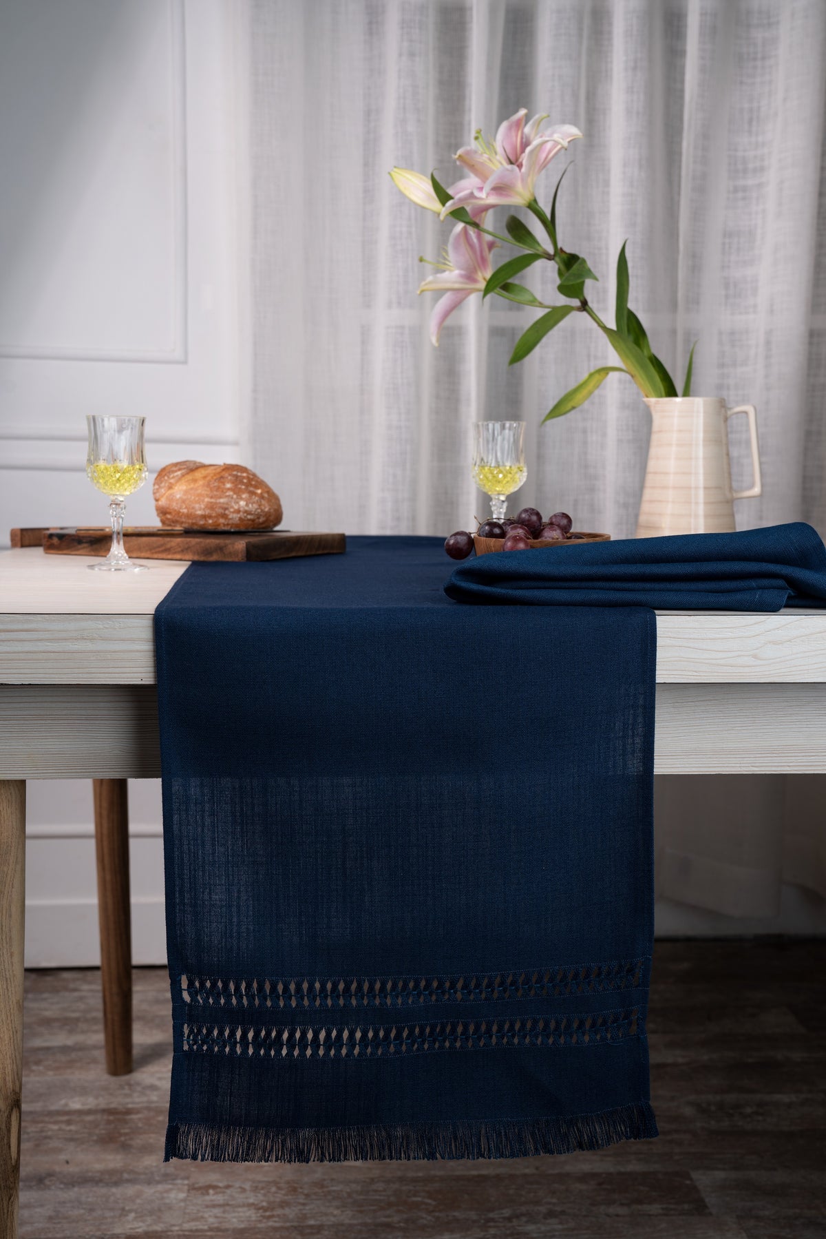 Navy Blue Linen Look Recycled Fabric Hand Hemstitch Table Runner