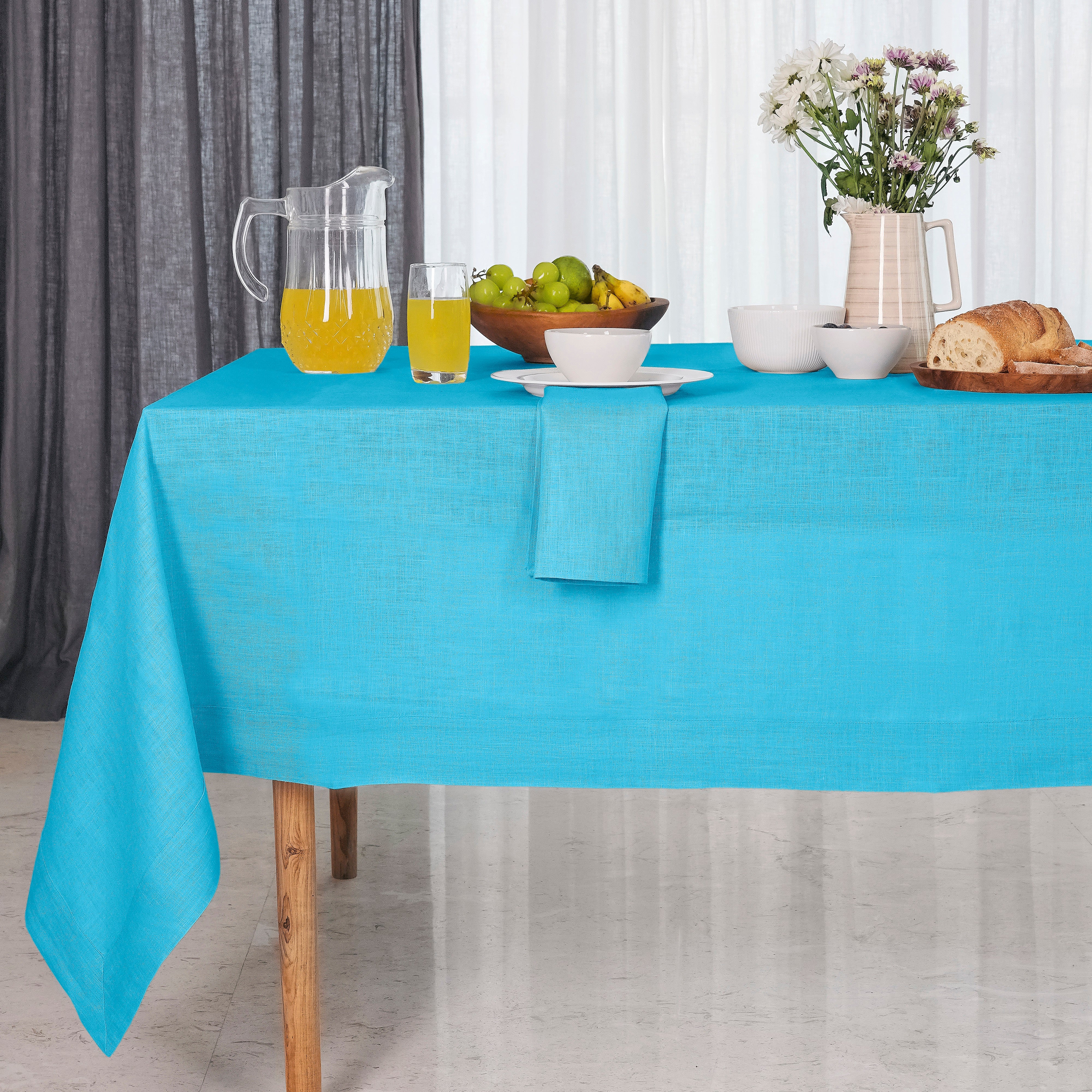 Cyan Blue Linen Tablecloth, Hemmed