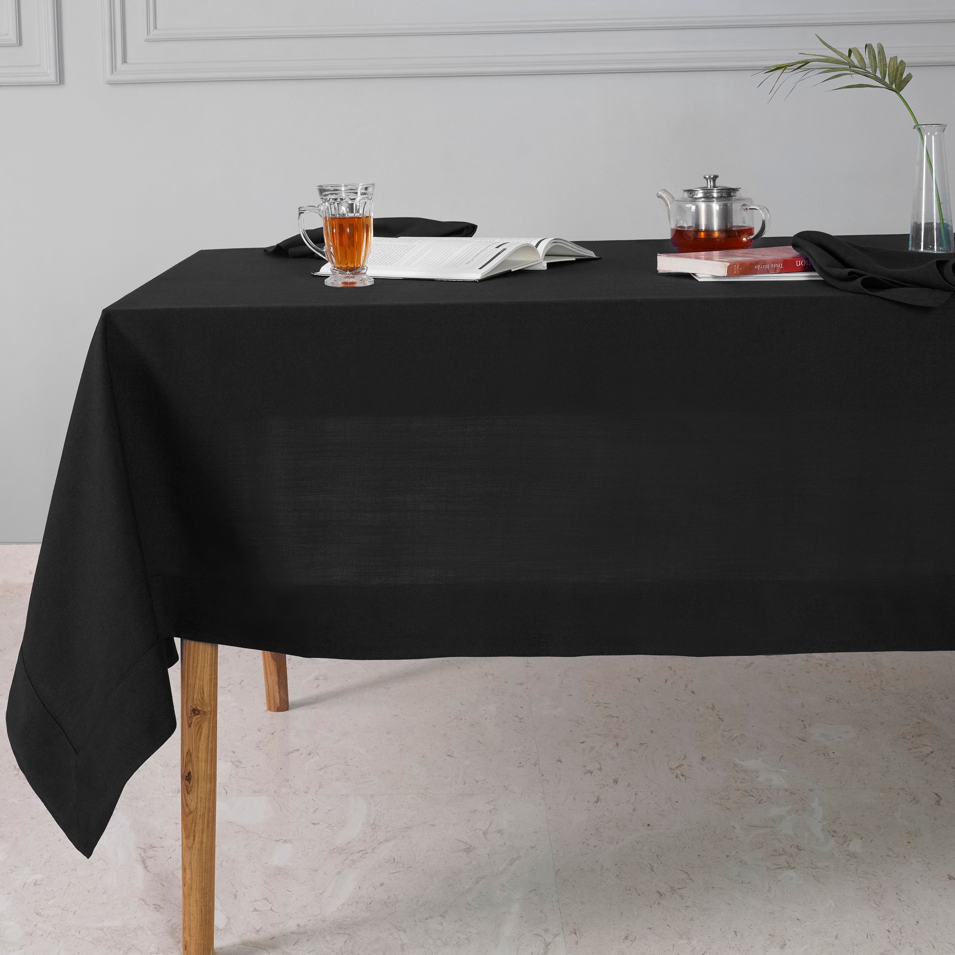 Black Tablecloth, Faux Linen, Mitered Corner