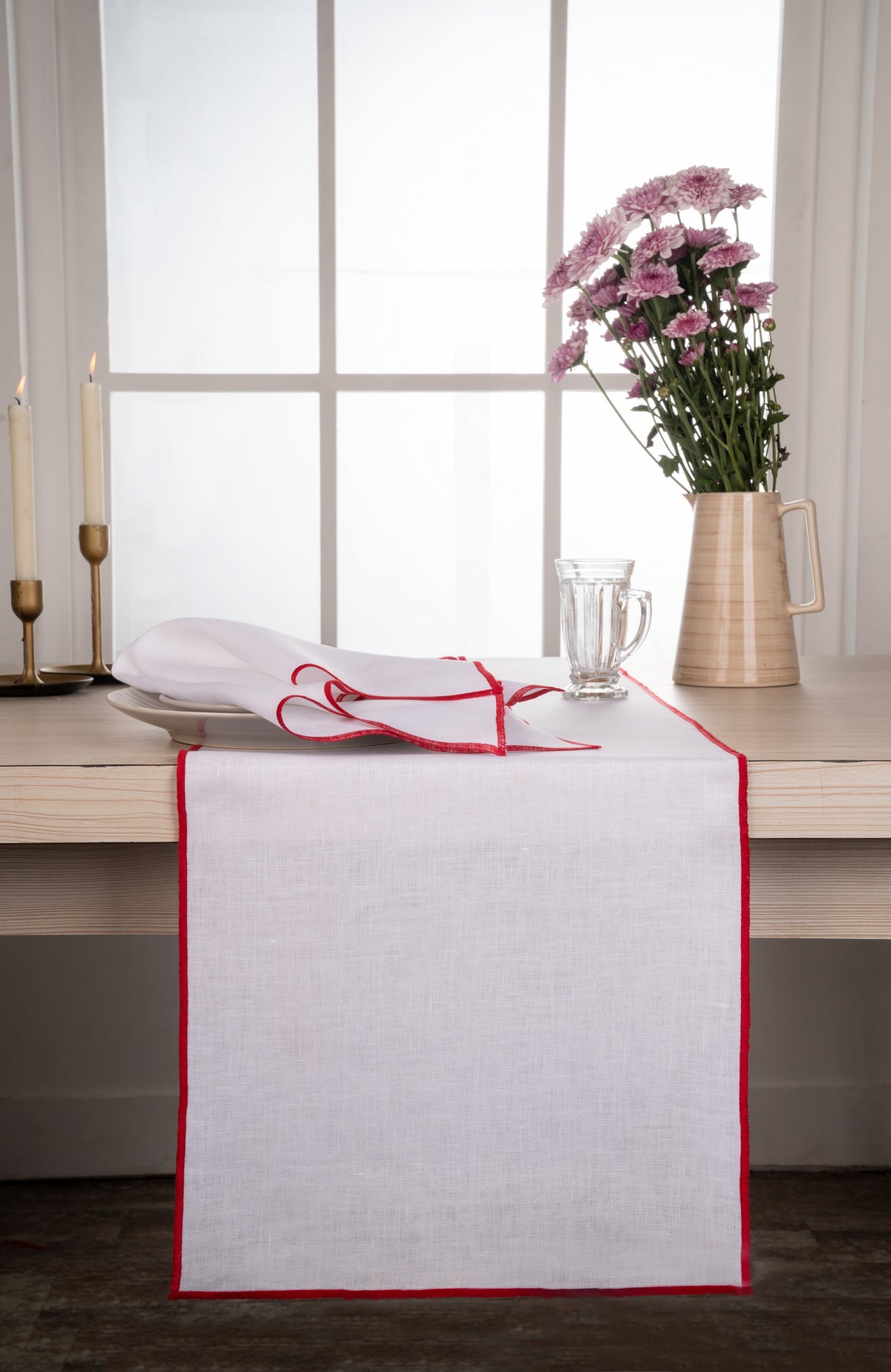 White & Red Linen Table Runner- Marrow Edge