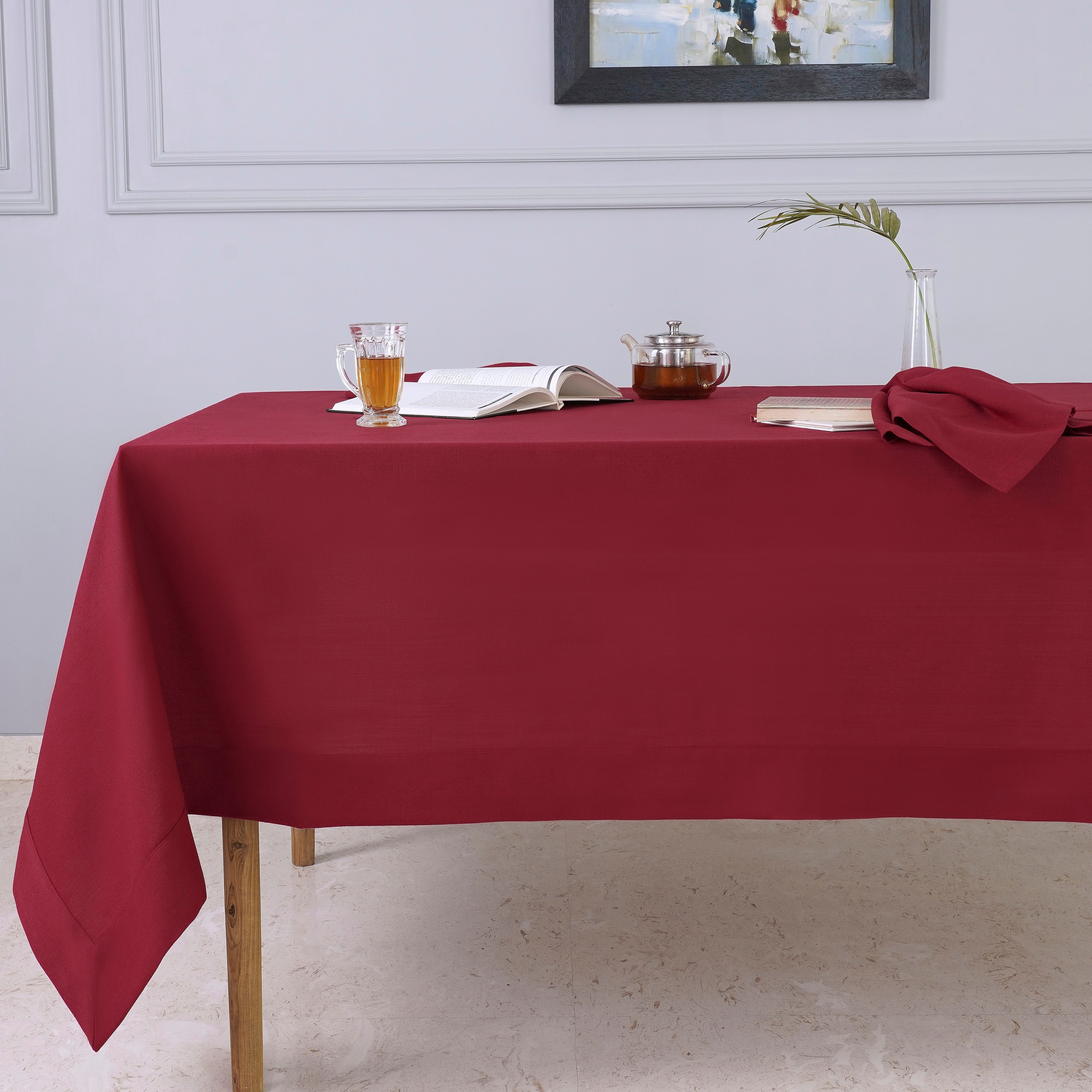 Red Tablecloth, Faux Linen, Mitered Corner