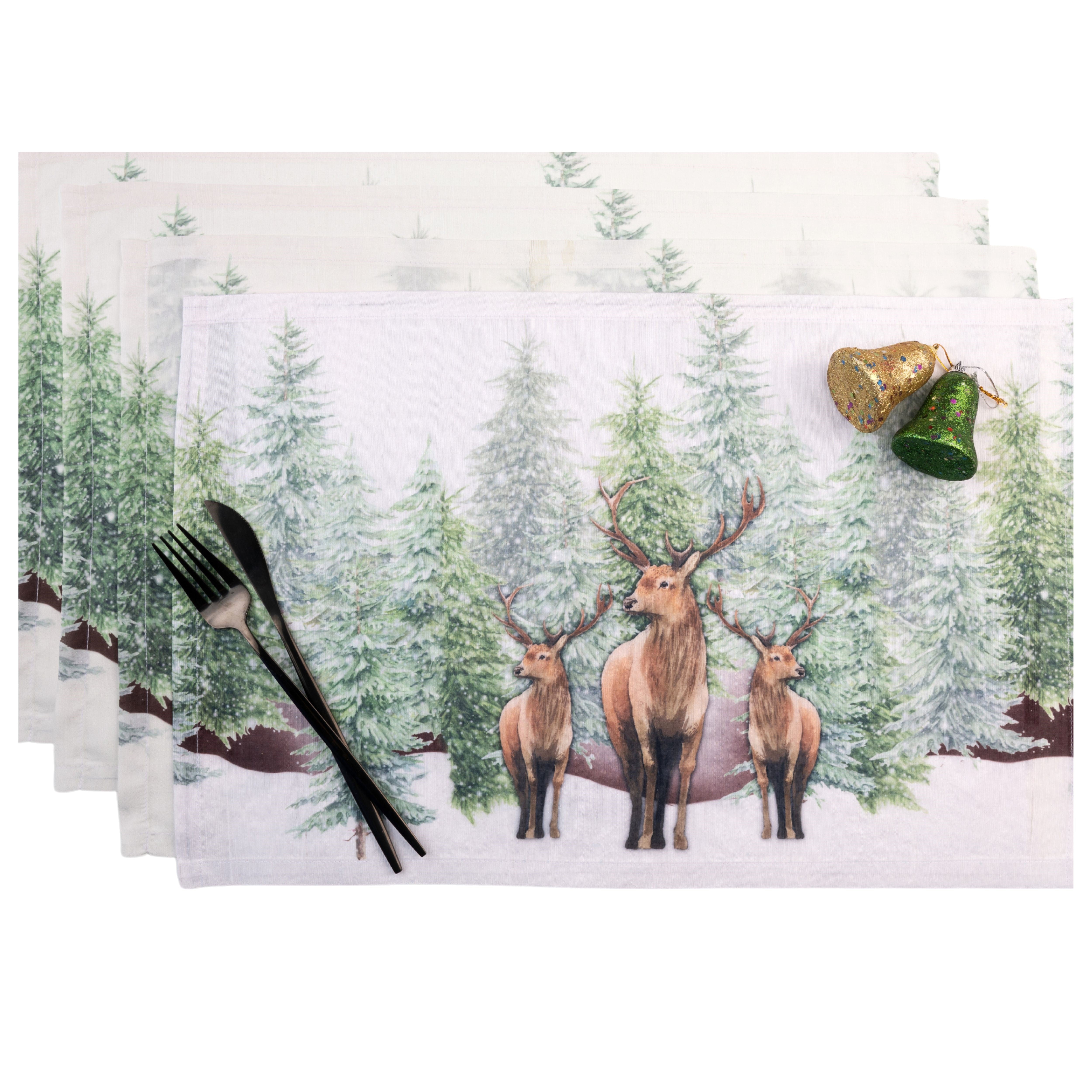 Reindeer & Pine Tree Vegan Silk Placemats 13 x 18 Inch Set of 4 - Christmas Print