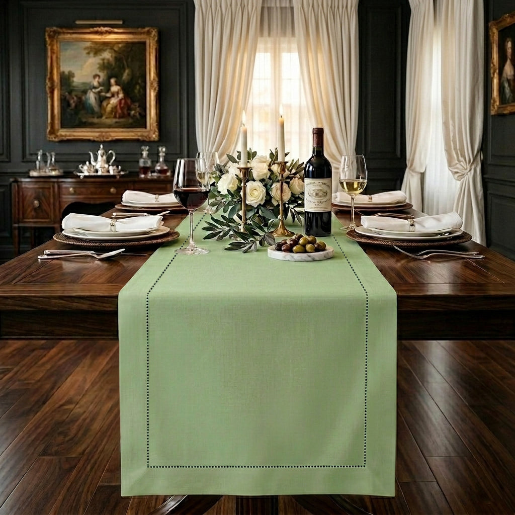 Signature Linen™ Sage Green Table Runner - Hemstitch