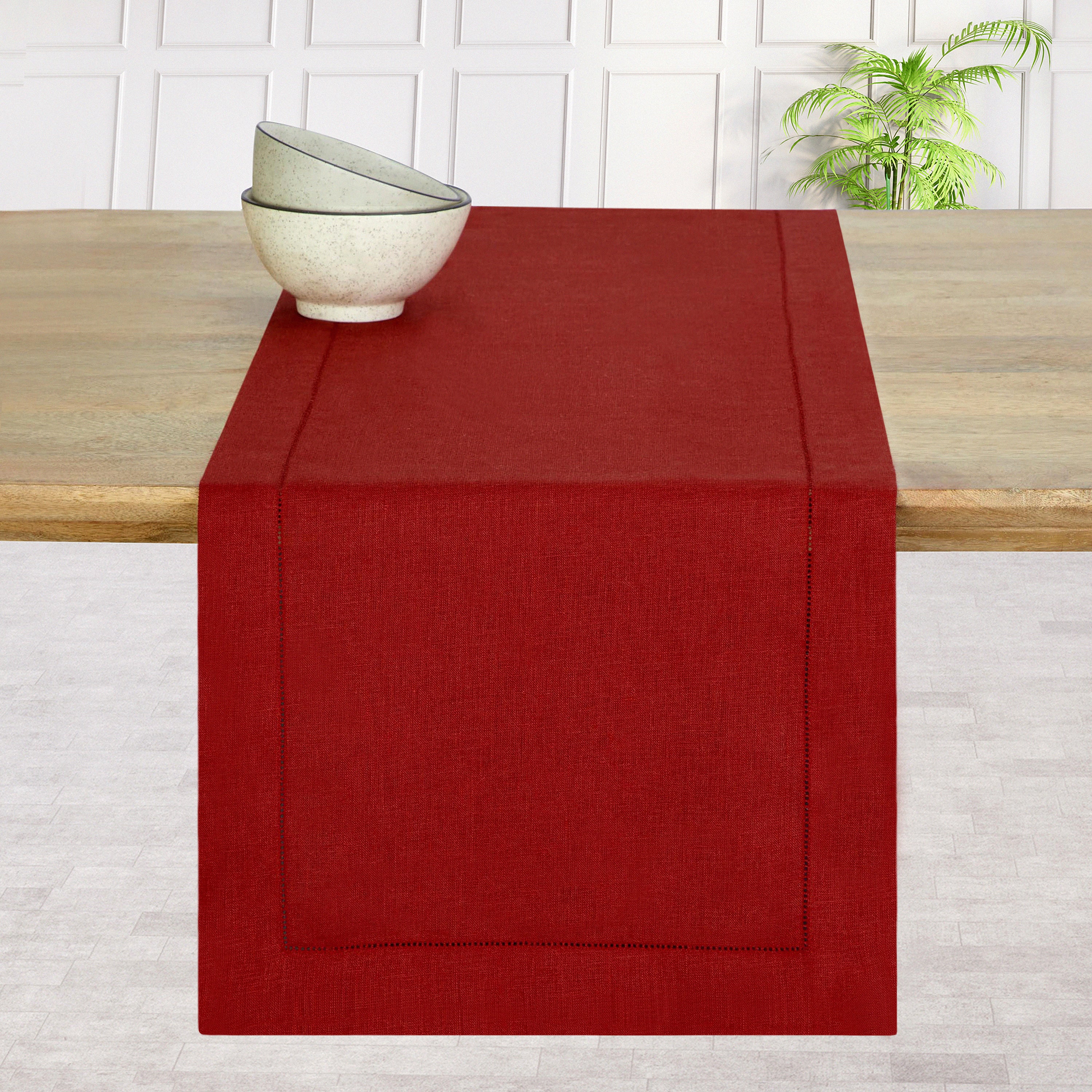 Red Linen Table Runner, Hemstitch