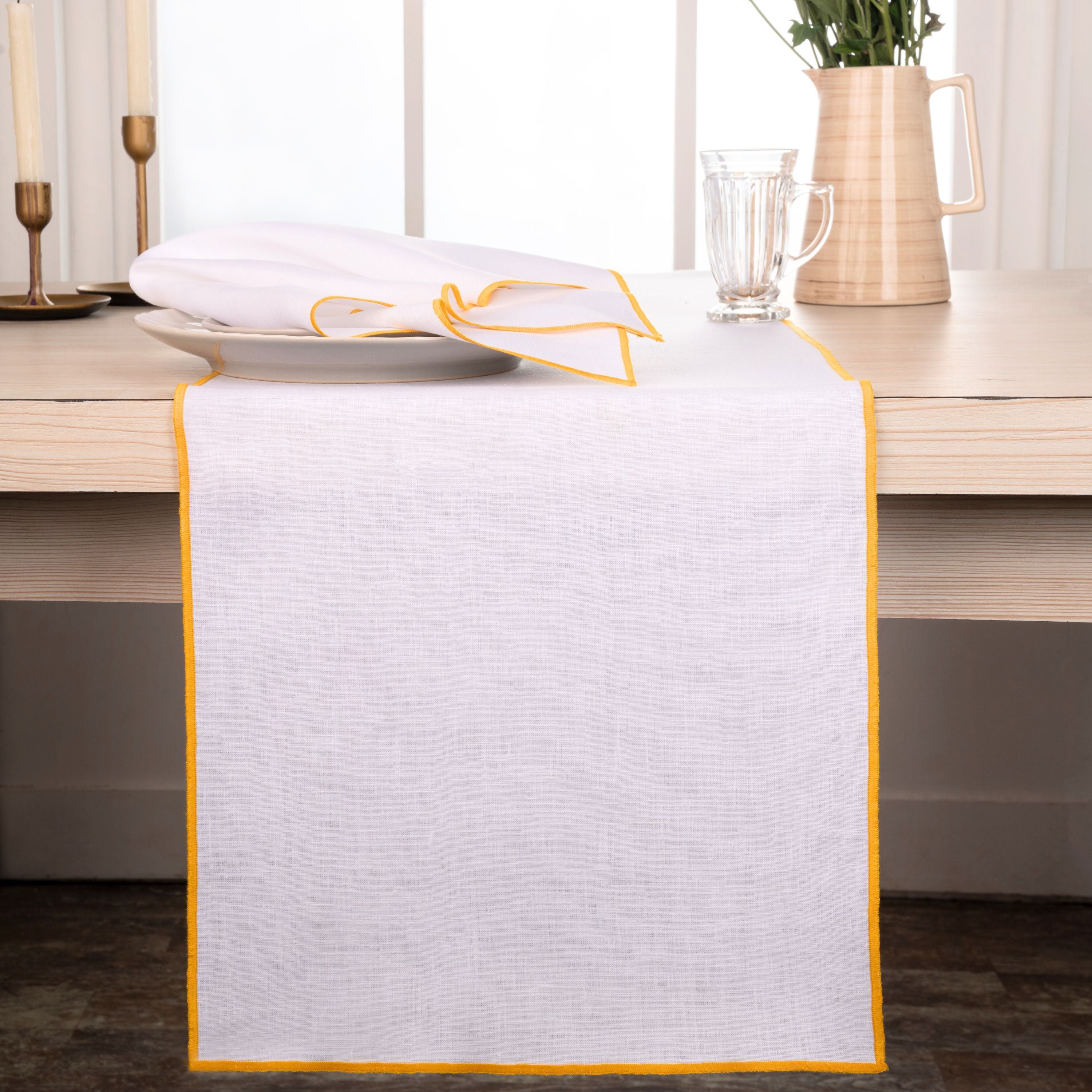 White and Yellow Linen Table Runner, Marrow Edge