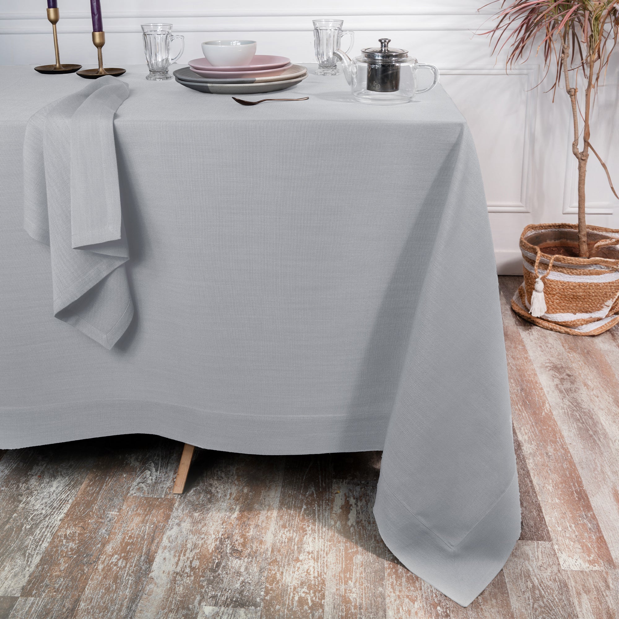 Light Grey Tablecloth, Faux Linen, Mitered Corner