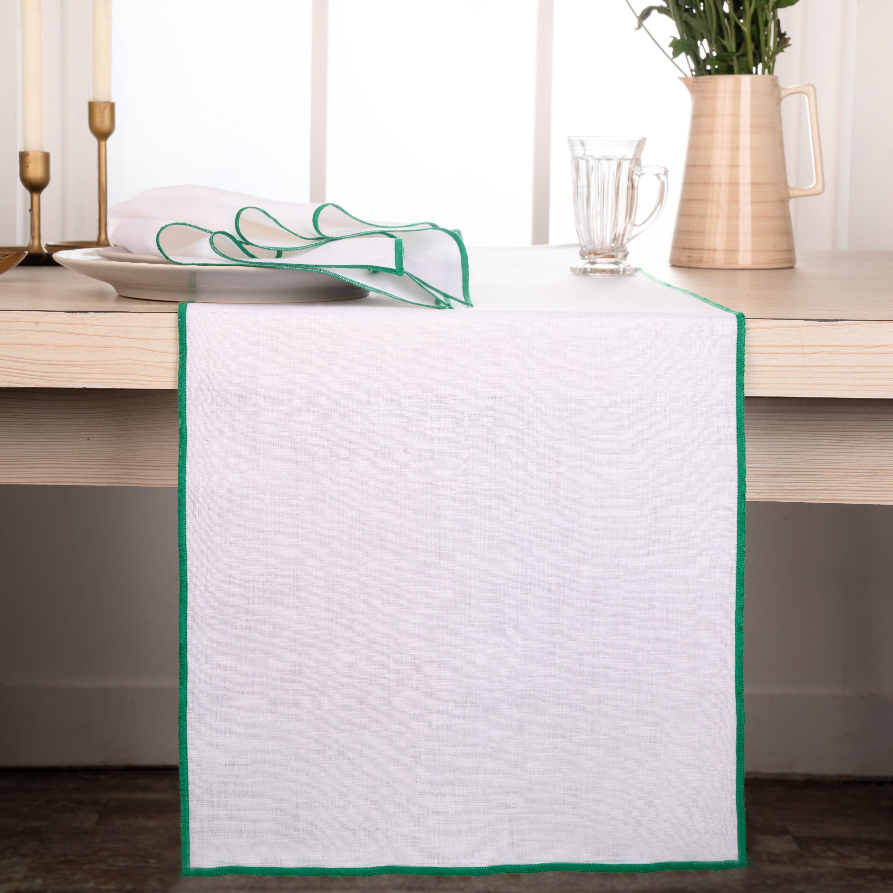 White and Green Linen Table Runner, Marrow Edge