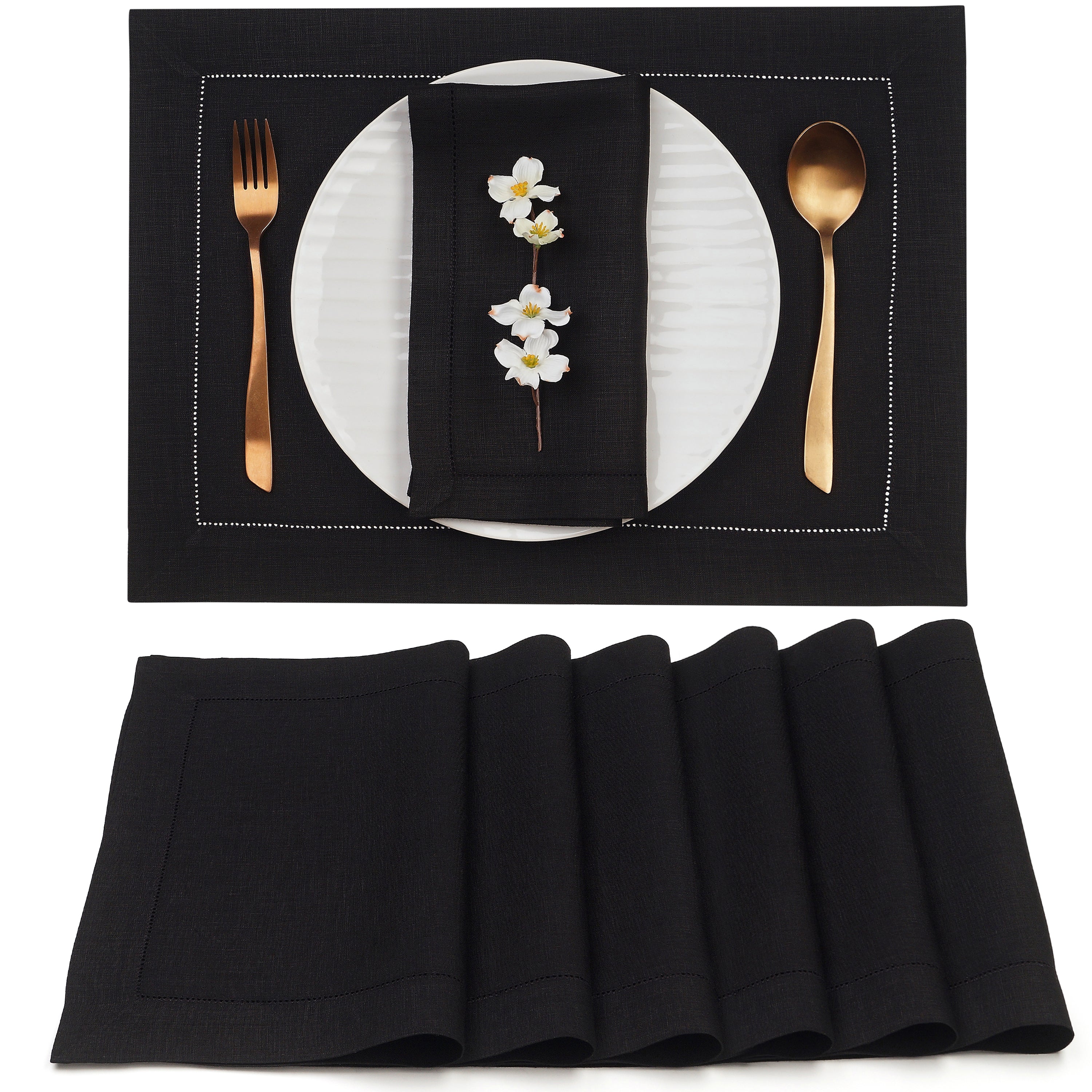 Black Linen Placemats, Hemstitch, 14 x 19 inch, 6 pcs