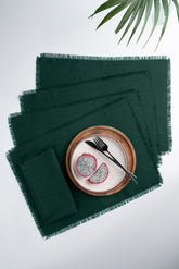 Eden Green Linen Textured Placemats 14 x 19 Inch Set of 4 - Fringe