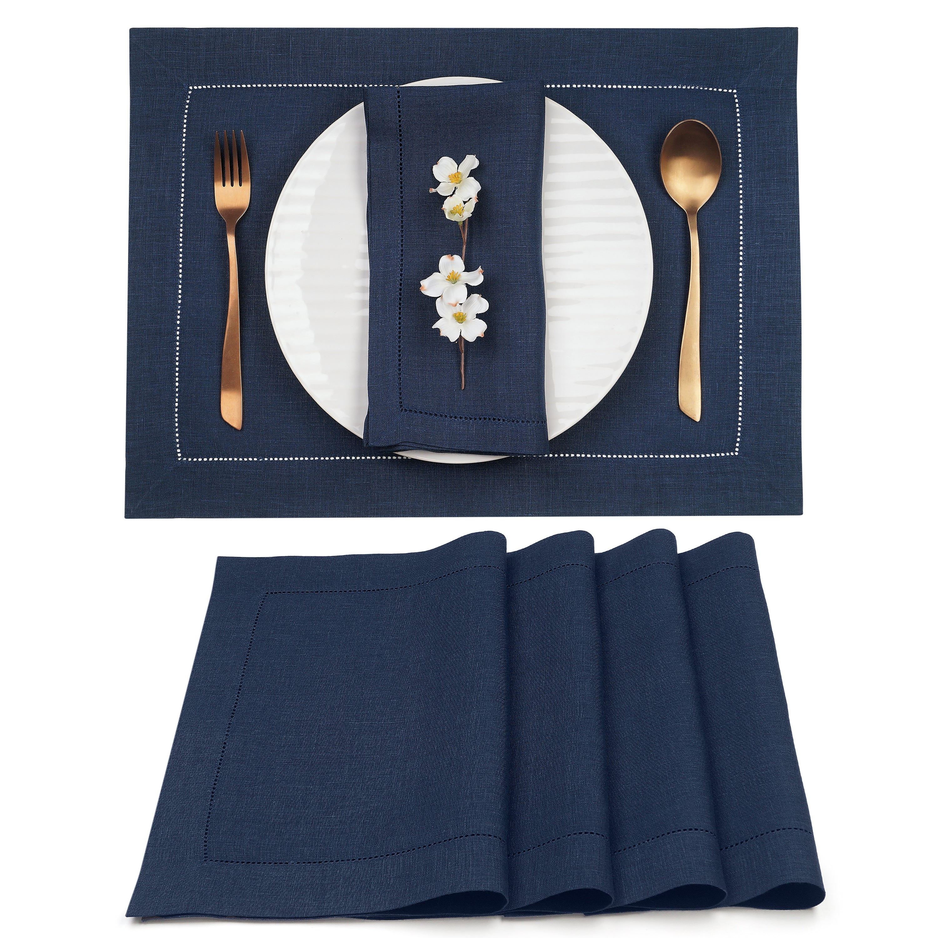 Navy Blue Linen Placemats, Hemstitch, 14 x 19 inch, 4 pcs