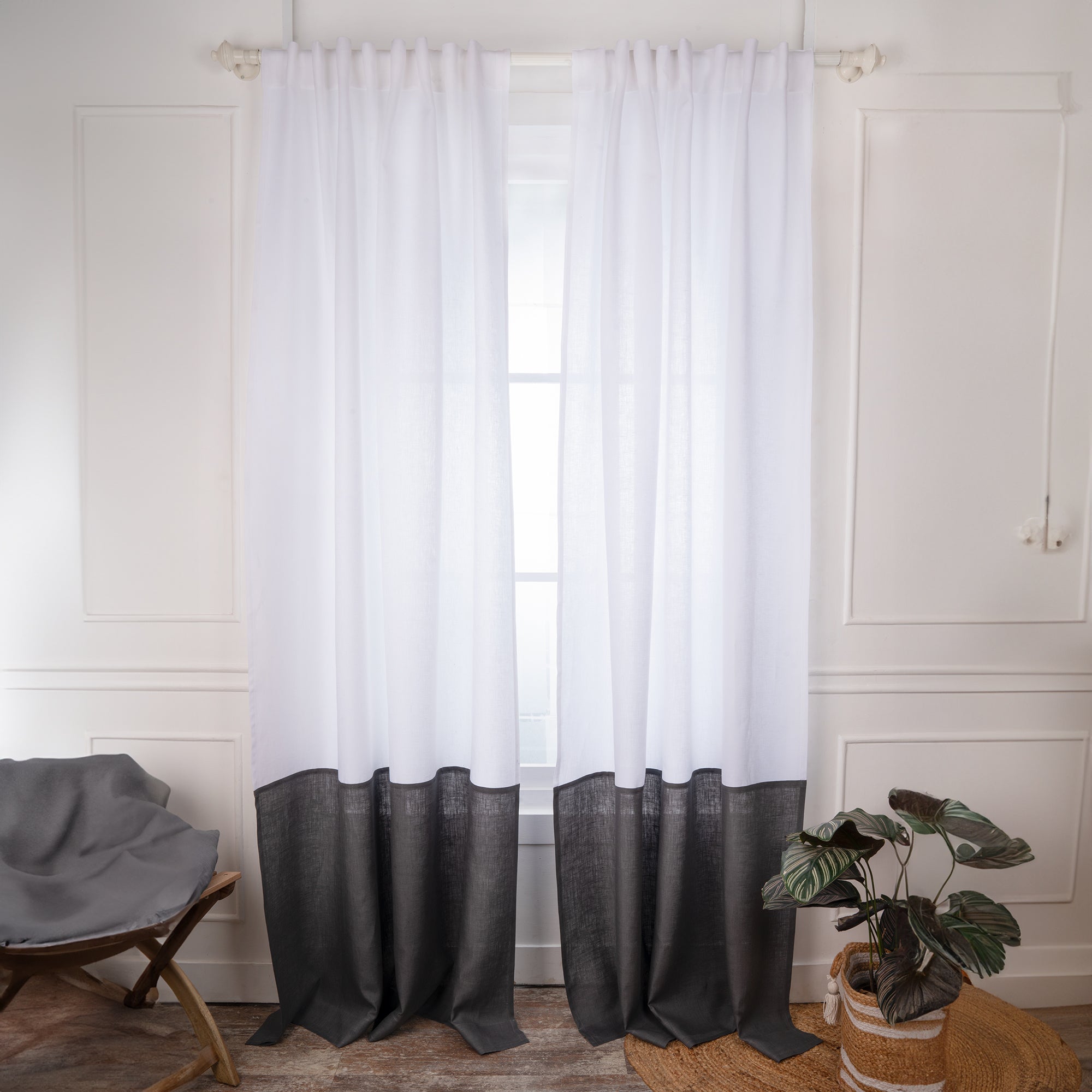 White and Charcoal Grey Color Block Curtain