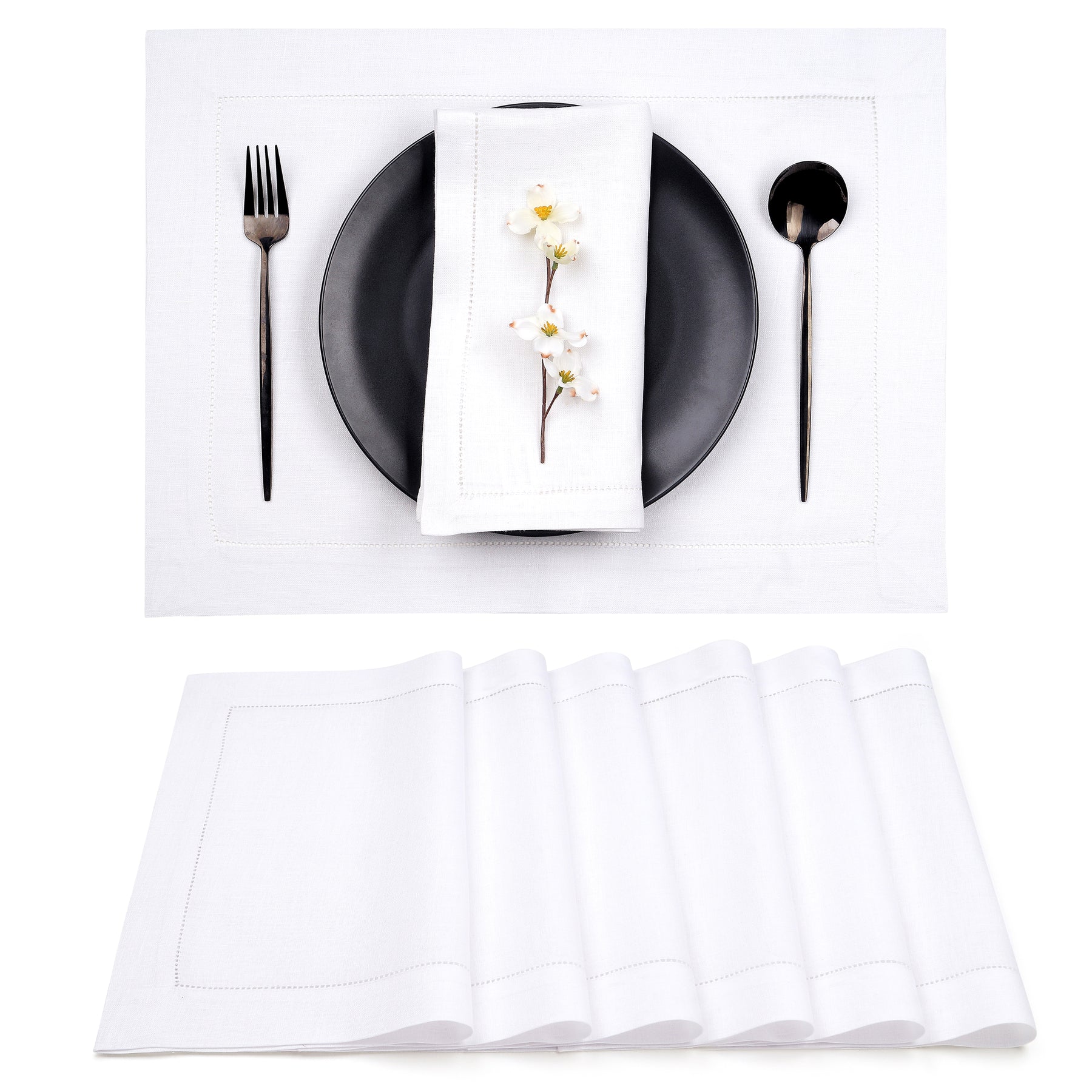 White Linen Placemats 14 x 19 Inch Set of 6 - Hemstitch