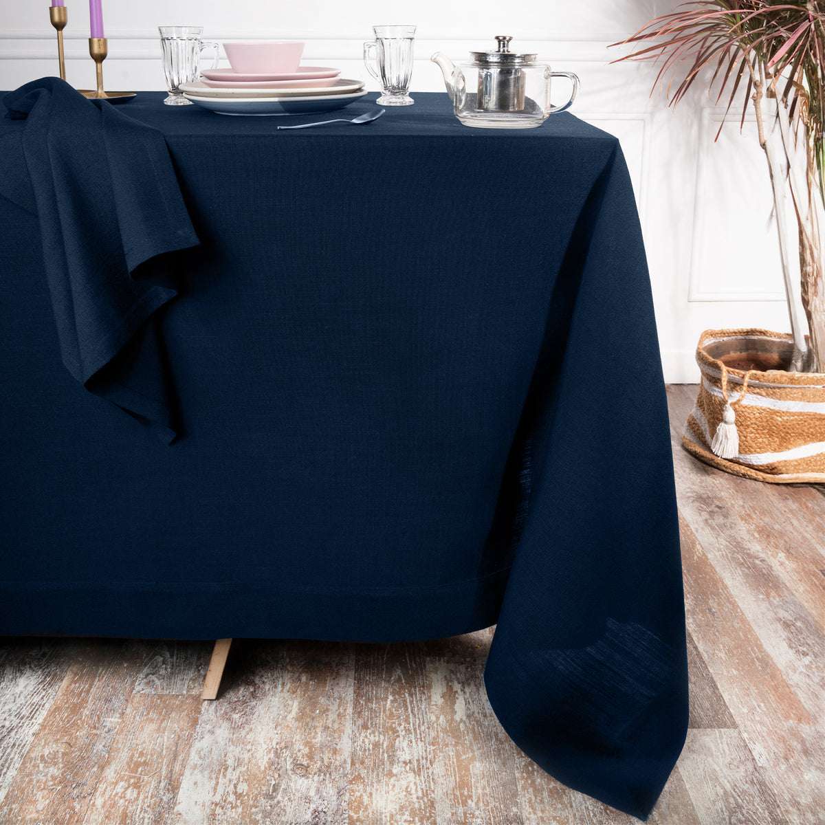 Navy Blue Faux Linen Tablecloth - Mitered Corner
