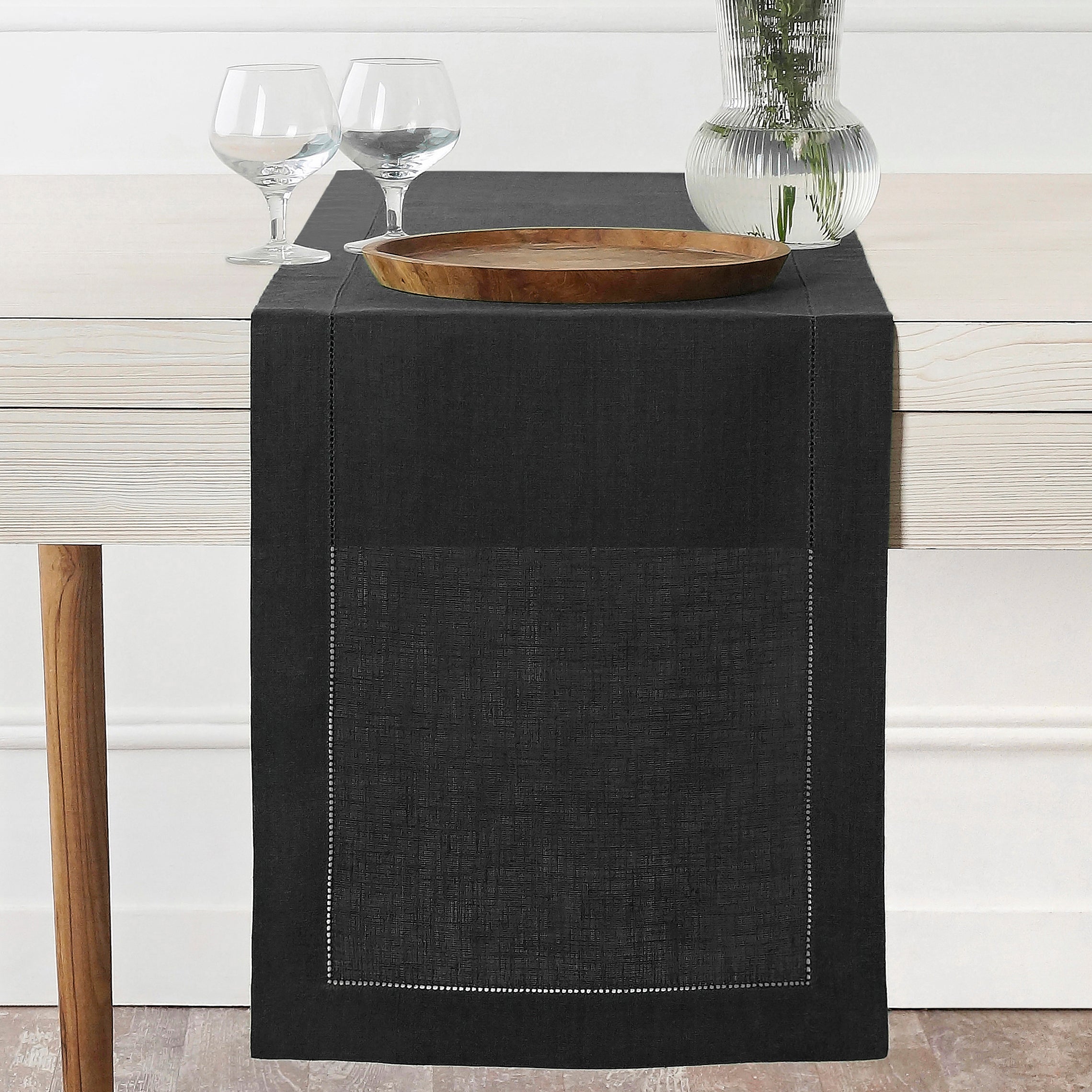 Black Linen Table Runner, Hemstitch