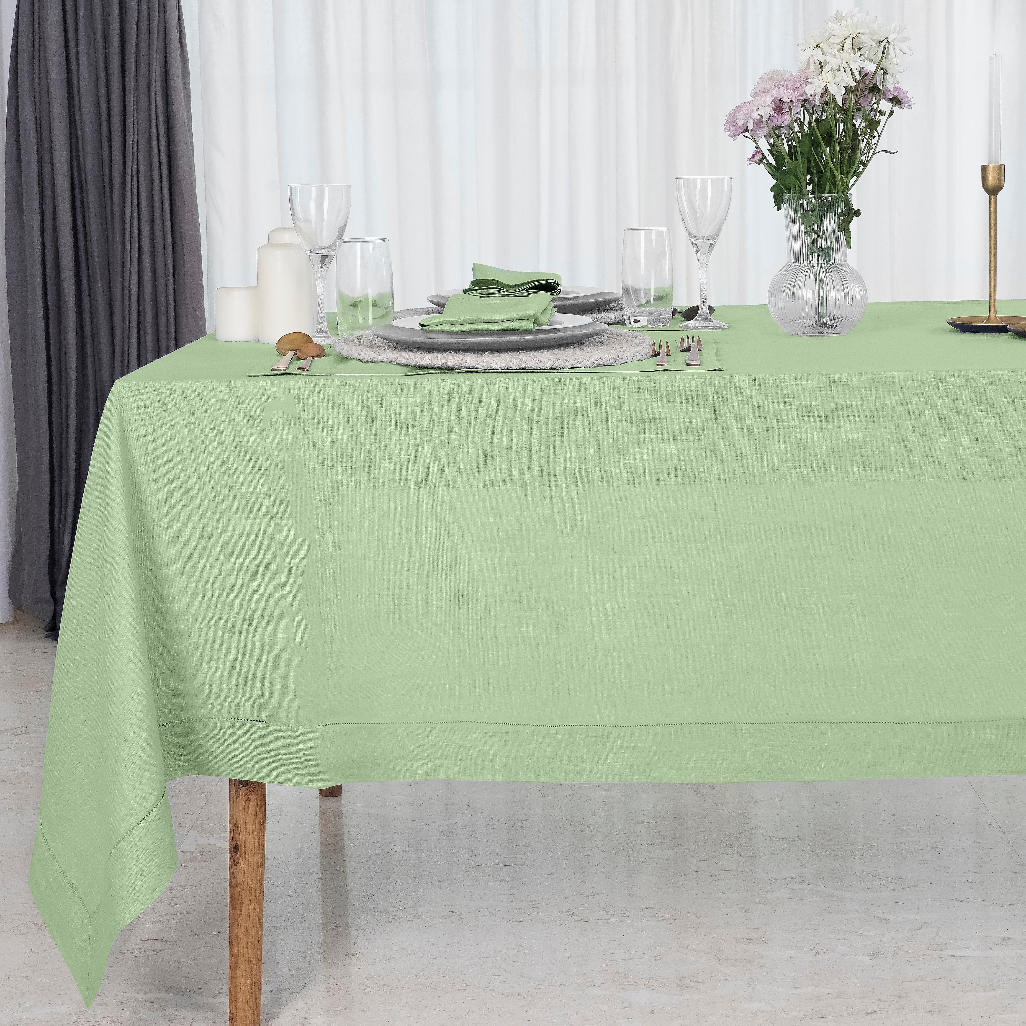 Sage Green Linen Tablecloth, Hemstitch