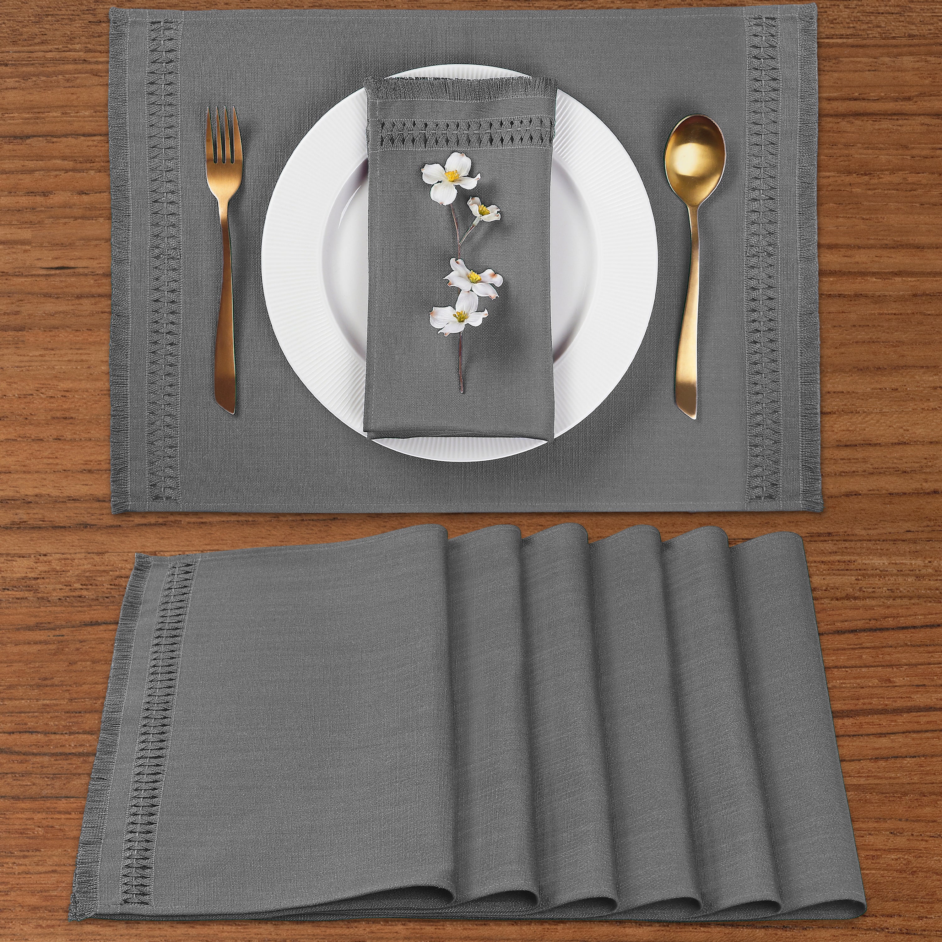 Charcoal Grey Faux Linen Placemats, Hand Hemstitch, 14 x 19 inch, 6 pcs