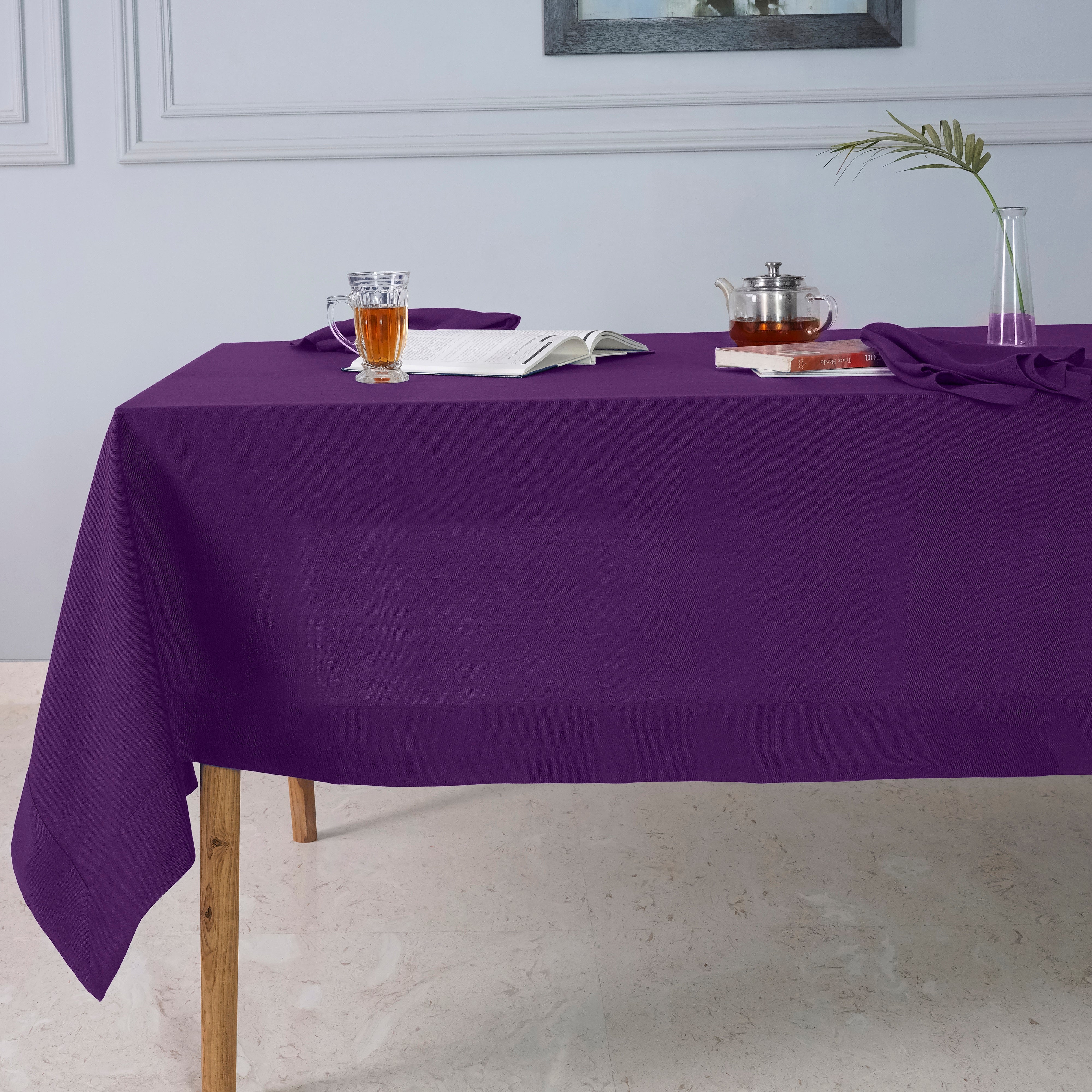 Purple Tablecloth, Faux Linen, Mitered Corner