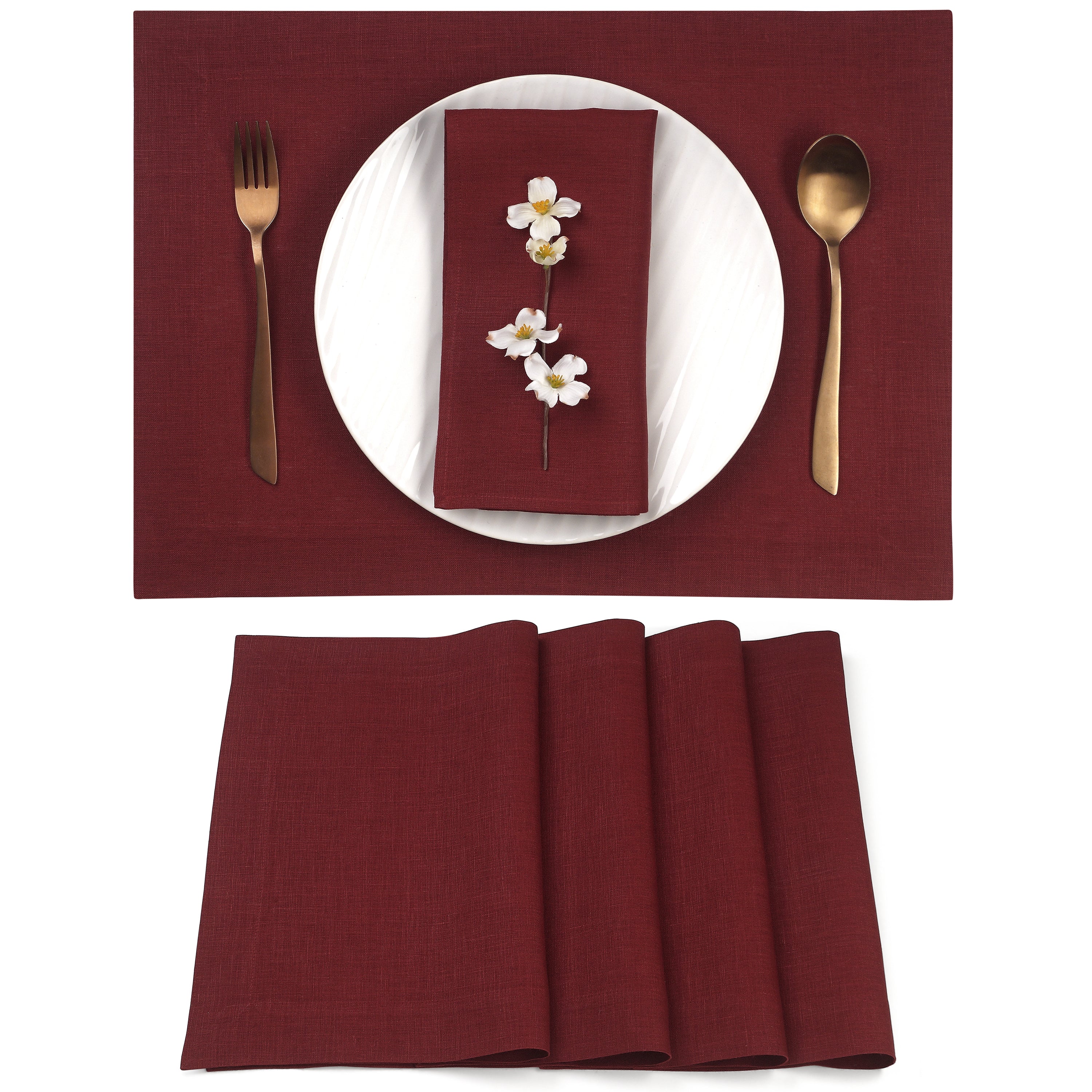 Dark Red Linen Placemats, Hemmed, 14 x 19 inch, 4 pcs