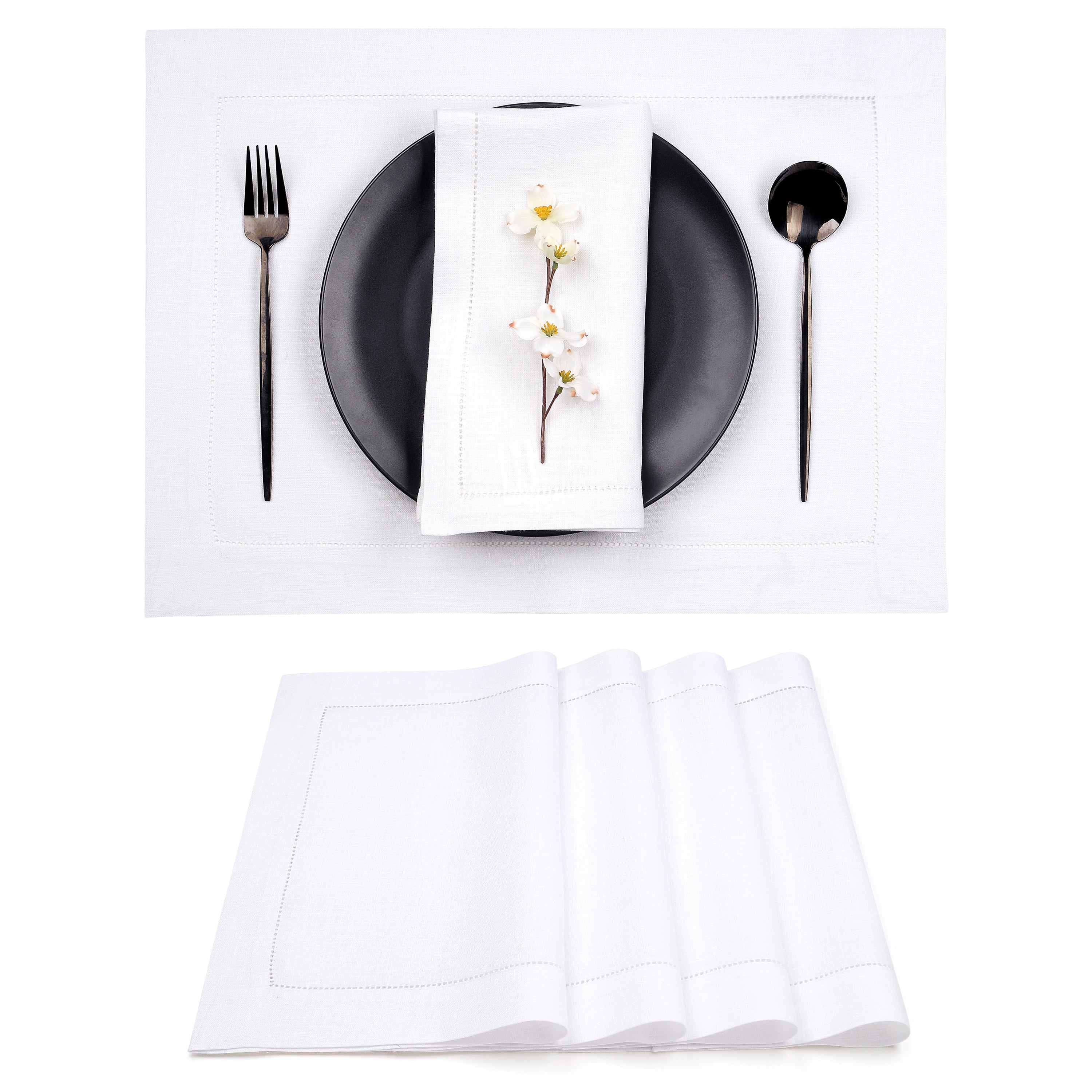 White Linen Placemats, Hemstitch, 14 x 19 inch, 4 pcs